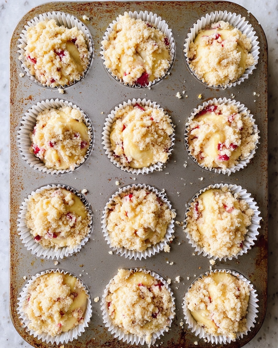 A baking tray holds twelve white paper-lined muffin cups filled with light yellow batter mixed with small bits of red fruit, each topped with a crumbly, pale beige streusel layer that varies in size and texture, with some pieces larger and some finely ground. The tray shows signs of use with some rusty spots and brown marks scattered around the muffin cups. The muffin batter is mound-shaped, filling the cups nearly to the top, and the crumb topping sits loosely on each muffin, adding a rough texture. The background is a white marbled texture. photo taken with an iphone --ar 4:5 --v 7