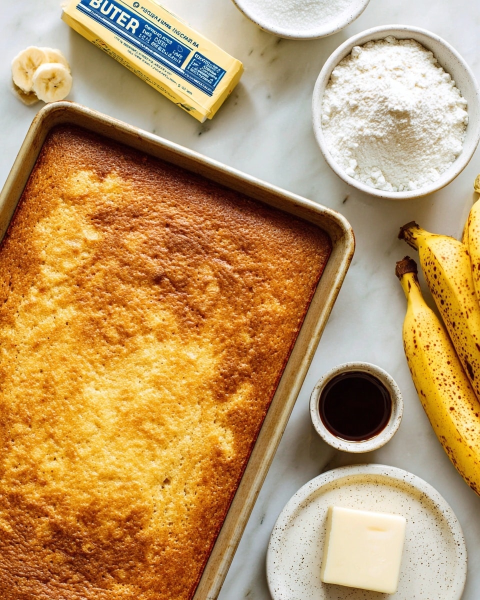 A close-up view of a single-layer golden-brown baked cake in a rectangular baking pan, showing a slightly uneven textured top with darker edges. Around the pan, there are ingredients including a stick of yellow butter with blue text, two ripe yellow bananas with dark spots, a white bowl filled with white flour, a small white bowl of salt, a small white bowl of dark vanilla extract, and a slice of cream cheese on a white speckled plate. The background has a white marbled texture that adds brightness to the scene, photo taken with an iphone --ar 4:5 --v 7