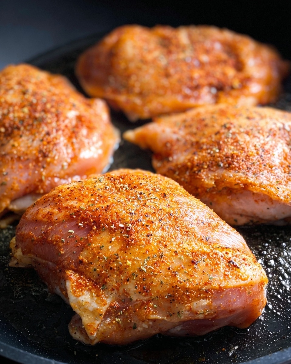 The image shows four large pieces of raw chicken meat on a black cooking pan with visible oil. The chicken pieces have a powdery orange-red spice layer sprinkled with black pepper bits and herbs evenly covering the surface. The texture of the chicken skin and meat is slightly wet and shiny with a rough spice coating. The pan has a smooth black surface with small spots of oil reflecting light. photo taken with an iphone --ar 4:5 --v 7