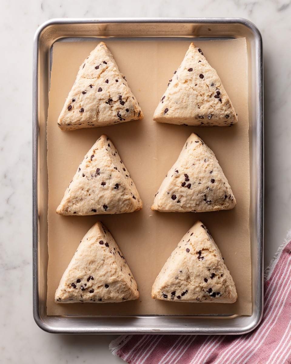 The image shows a metal baking tray with six triangular scones spread out evenly on a sheet of light brown parchment paper. The scones are golden beige with small black chocolate chips mixed throughout, giving them a speckled look. Each scone has a slightly rough texture and a lightly cracked surface. The tray is placed on a white marbled surface, with a small part of a pink and white striped cloth visible at the bottom right corner. There is a white circle with a brown number 6 at the top left side of the tray. Photo taken with an iphone --ar 4:5 --v 7