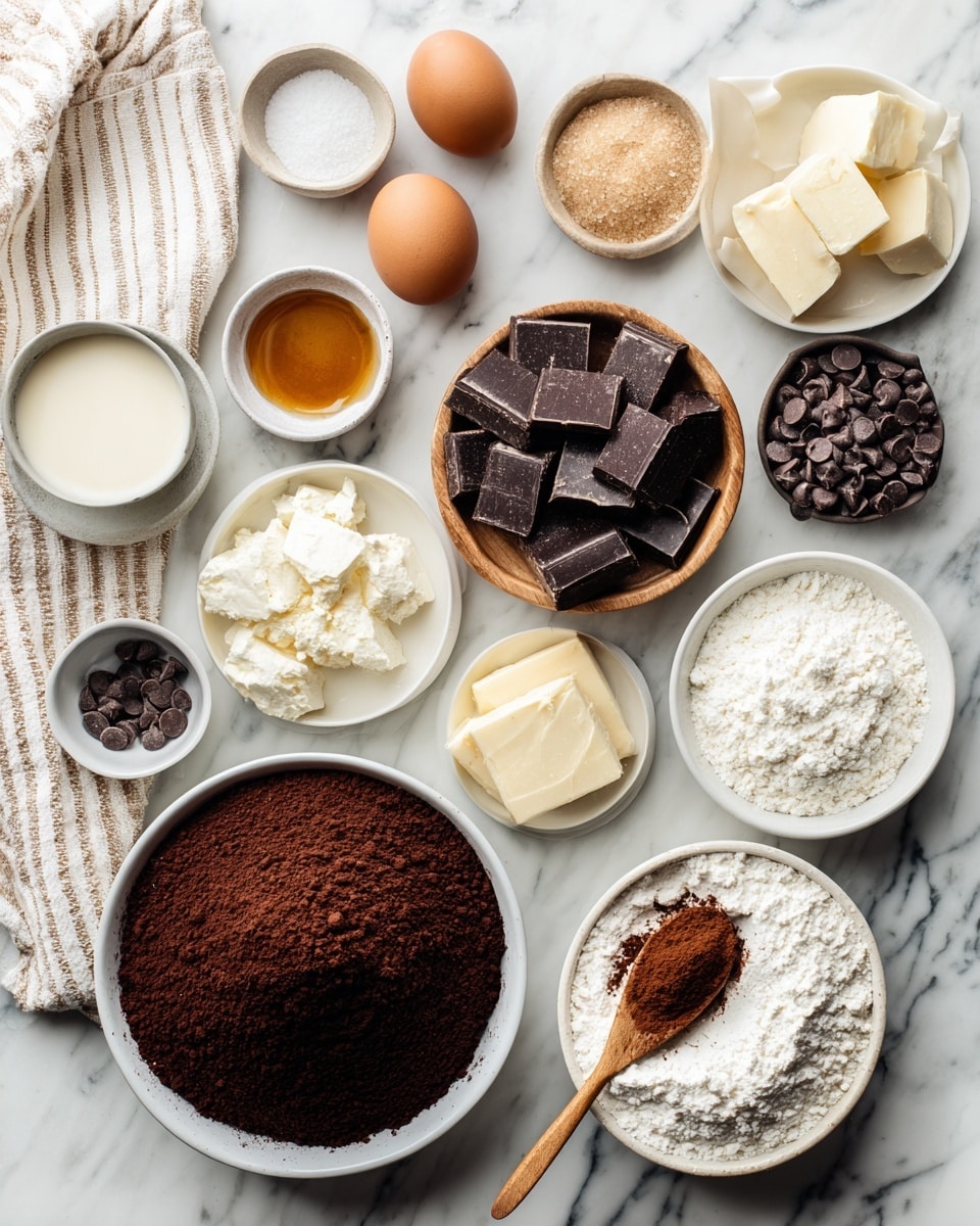The image shows two groups of ingredients laid out on a white marbled surface. On the left side, small white bowls hold salt, baking soda, vanilla extract, and sugar, arranged near two brown eggs, a small bowl with cubed butter, chocolate chunks, chocolate chips in a small dark dish, a wooden bowl filled with flour, and a small white bowl with brown sugar arranged neatly around each other. On the right side, more small white bowls hold salt, butter, heavy cream, and powdered sugar, with a larger white bowl filled with dark brown cocoa powder beside a wooden spoon holding espresso powder, and a small white bowl with vanilla extract, all set near a beige and white striped cloth in the top corner. The entire setup is on a clean white marbled surface. photo taken with an iphone --ar 4:5 --v 7