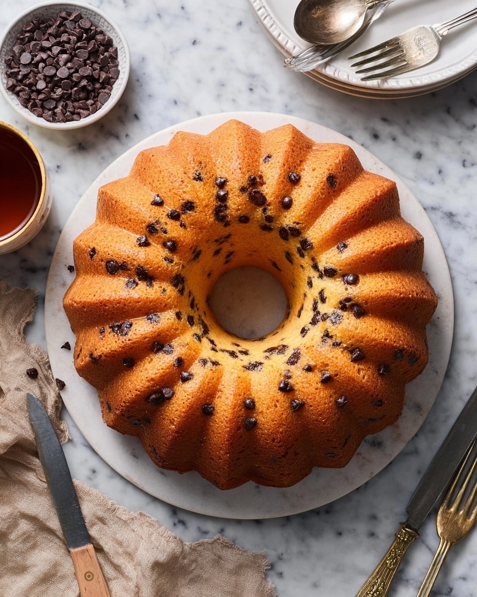 A round bundt cake with a golden brown crust is filled with small dark chocolate chips scattered evenly throughout. The cake has a fluted, ridged pattern on the outside with a large hole in the center. It sits on a white marbled round plate. Around it, there is a small bowl of dark chocolate chips, a cup of dark tea with a metal spoon, a beige cloth napkin with a knife on it, and part of a white plate with forks on the side. The background is a white marbled surface. photo taken with an iphone --ar 4:5 --v 7
