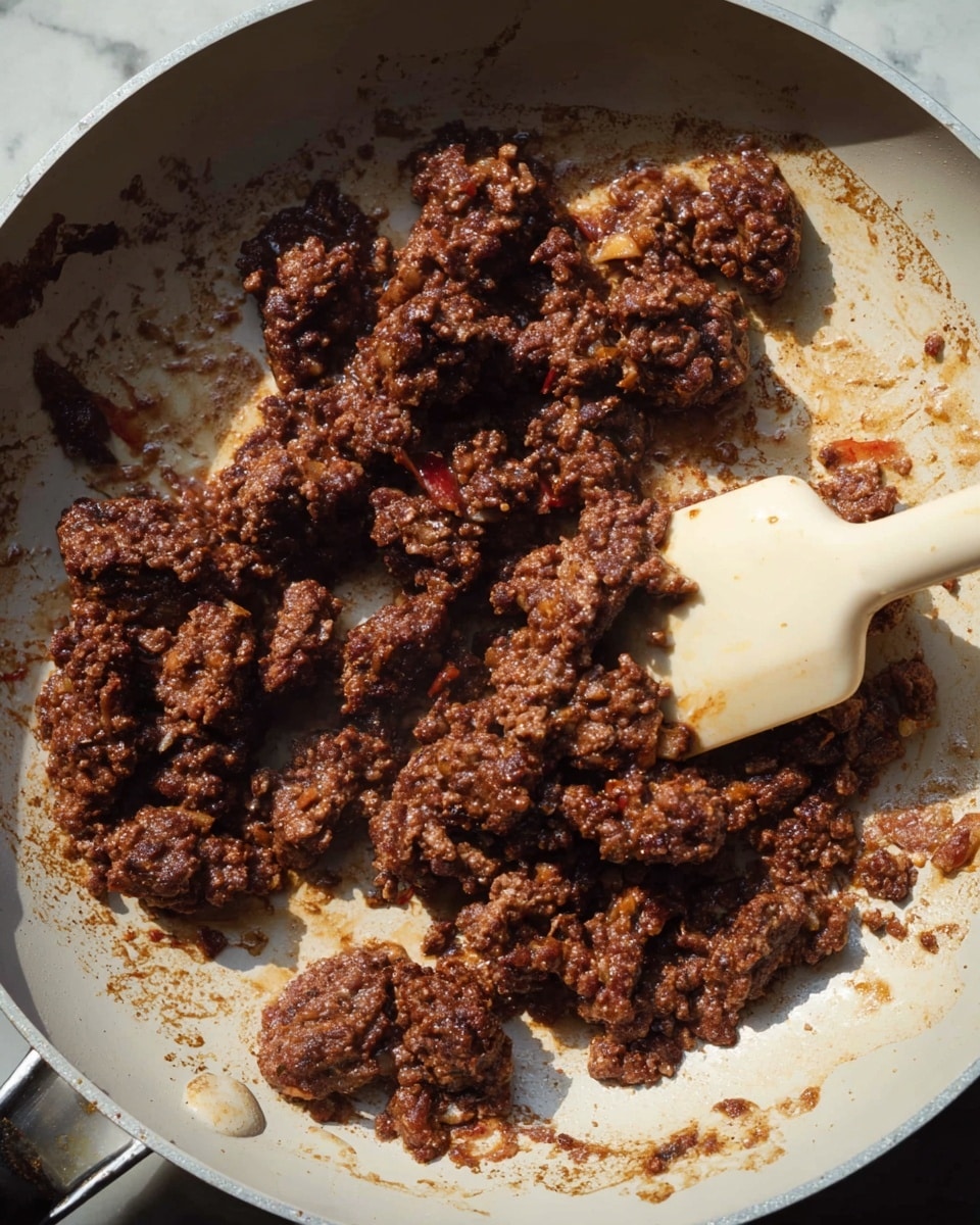 The image shows a white frying pan filled with browned, irregular chunks of ground meat being cooked. The meat pieces are dark brown with some spots of lighter reddish color, with a slightly oily and saucy texture. A white spatula with a beige handle is resting on the right side of the pan, partially lifting some meat. The pan has brown cooking residue along the sides, indicating the meat is being fried. The background surface is a white marbled texture. photo taken with an iphone --ar 4:5 --v 7
