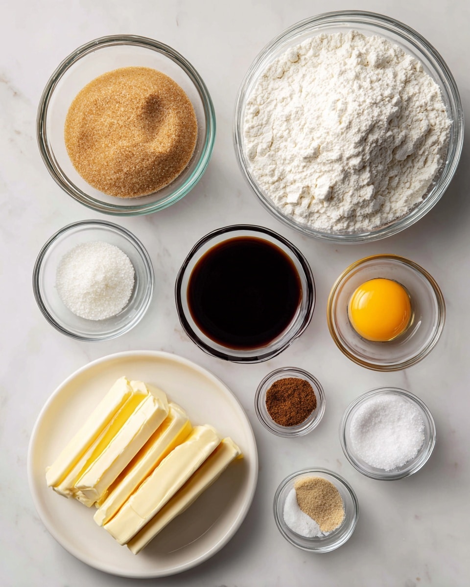 A top view shows a group of ingredients arranged neatly on a white marbled surface. On the top right, there is a large clear glass bowl filled with white flour. Below it, a small clear glass bowl holds a dark brown liquid labeled molasses. To the left of the molasses is a medium clear glass bowl full of light brown sugar, and above that is a small clear bowl with a raw egg yolk. At the bottom left sits a white plate with two sticks of pale yellow butter. Around the molasses and sugar are small clear bowls containing white salt, white baking powder, light brown spice mix, and white baking soda. The setup is clean and organized, showing each element clearly. Photo taken with an iphone --ar 4:5 --v 7