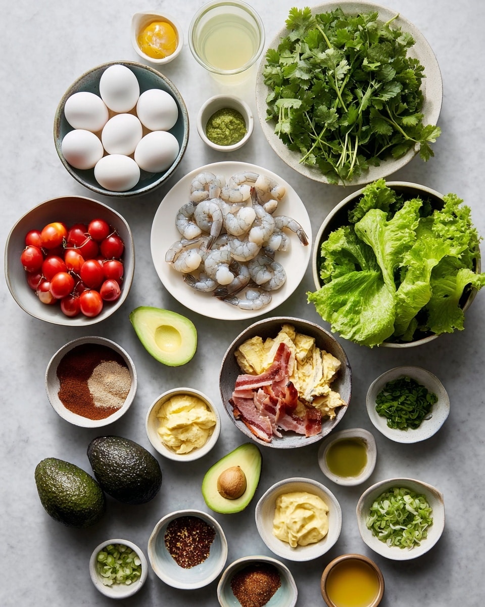 This image shows many small white bowls with different fresh ingredients arranged on a white marbled surface. There is a bowl full of light green leafy lettuce at the bottom right and another bowl just above it with bright green cilantro leaves. Next to that, a bowl holds peeled raw shrimp in pale white and gray tones. To the left, four white eggs sit on a white plate. A bowl of halved cherry tomatoes in red sits below the eggs. Beside them is a bowl with pieces of cooked yellow and pink bacon. Two whole dark green avocados lay side by side near the center. Other small bowls hold yellow mustard, garlic cloves, chopped green onions, lime zest, and various spices with shades of brown, red, and beige. There are also small containers of clear light yellow liquids at the top. The scene looks clean and fresh, photo taken with an iphone --ar 4:5 --v 7