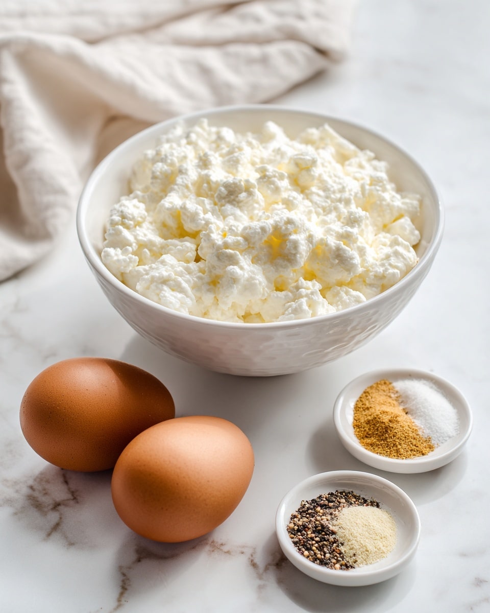 A white bowl filled with creamy white cottage cheese sits on a white marbled surface. Below the bowl, two brown eggs rest side by side, showing smooth shells with light speckles. To the right of the eggs, a small white bowl holds four separate spices arranged in small piles: white salt, light yellow garlic powder, light beige ground spice, and coarsely ground black pepper. The image is bright and clean with soft natural light. photo taken with an iphone --ar 4:5 --v 7