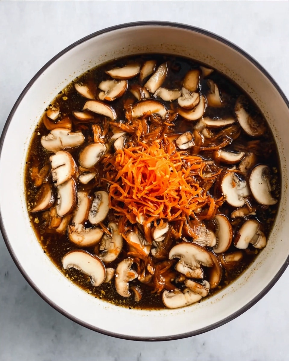 A white bowl filled with dark broth, topped with many light brown sliced mushrooms spread evenly across the surface. In the center, there is a small pile of thin, shredded orange carrots. The bowl sits on a white marbled surface, showing a clean and simple setting. photo taken with an iphone --ar 4:5 --v 7