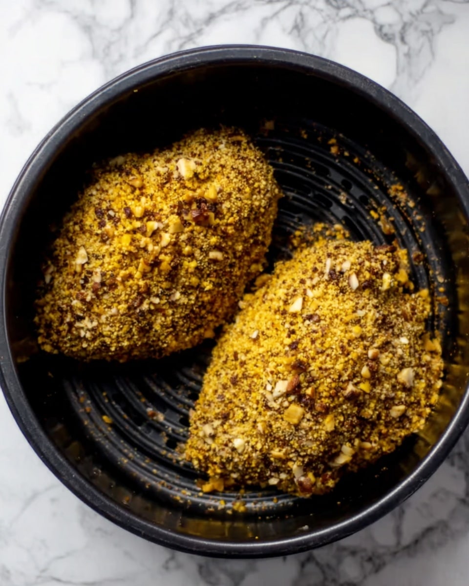 Two pieces of food, each covered with a rough, crumbly yellow and brown coating, sit inside a black round cooking container with ridges at the bottom. The coating looks like it has small bits of nuts or seeds with a crispy texture. The container is placed on a white marbled surface. Photo taken with an iphone --ar 4:5 --v 7