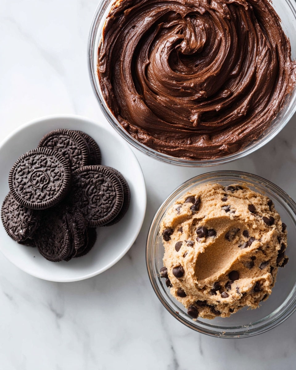 The image shows three clear glass bowls and one white plate arranged on a white marbled surface. The top large glass bowl contains thick, smooth, dark brown brownie batter with glossy texture and swirled patterns. Below this, a white plate filled with whole dark brown Oreos is placed. Next to the plate, a medium clear glass bowl holds light brown chocolate chip cookie dough with visible dark chocolate chips mixed in, with some dough spread unevenly around the sides. The background is clean and minimal, highlighting the textures and colors of the ingredients. photo taken with an iphone --ar 4:5 --v 7