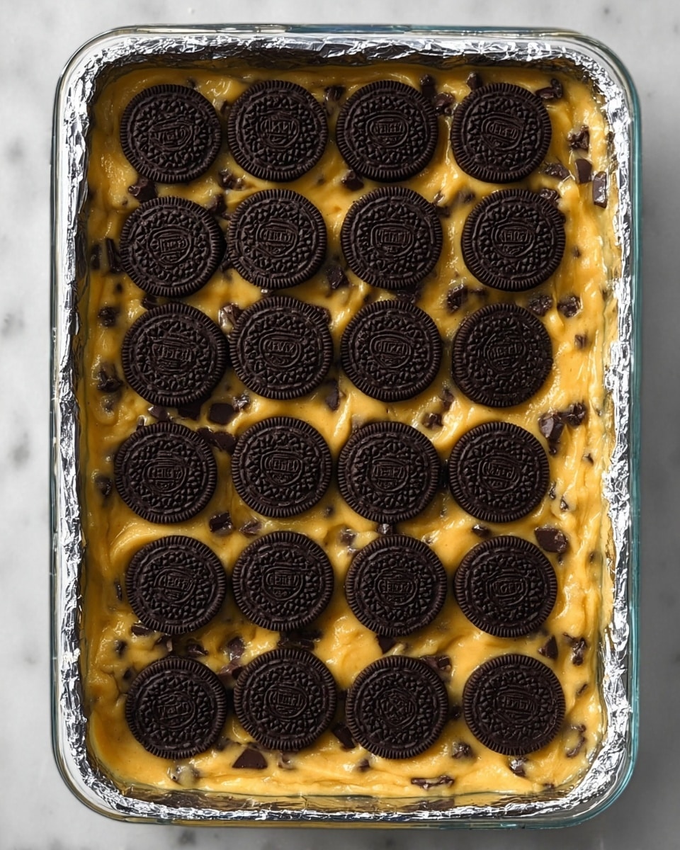 The image shows a glass dish lined with crinkled aluminum foil, filled with a thick, yellowish cookie dough mixed with chocolate chips. On top of the dough, there is a neat grid of whole dark chocolate sandwich cookies, arranged in four vertical rows and five horizontal rows, covering the surface evenly. The glass dish contrasts with the shiny foil and the rich colors of the cookie dough and cookies. The background surface is a white marbled texture. photo taken with an iphone --ar 4:5 --v 7
