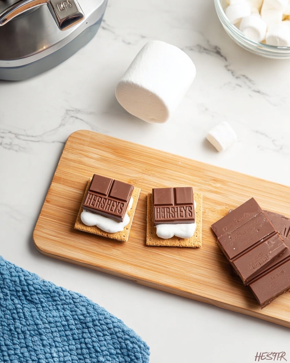 The image shows a wooden cutting board placed on a white marbled surface. On the board, there are two small s'mores with three layers each: a square light brown graham cracker base, topped by a rectangular milk chocolate piece divided into four sections with