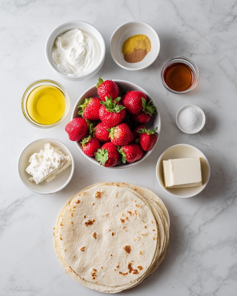 The image shows several small white bowls and a stack of white tortillas on a white marbled surface. In the center, there is a bowl full of bright red strawberries with green tops. Around it are bowls containing white cream, sugar, light brown cinnamon, yellow lemon zest, a small amount of clear liquid, and two blocks of white cream cheese. At the bottom, there is a neat stack of white tortillas with small brown spots. The bowls and tortillas are arranged in a loose circle with the strawberries in the middle. Photo taken with an iphone --ar 4:5 --v 7