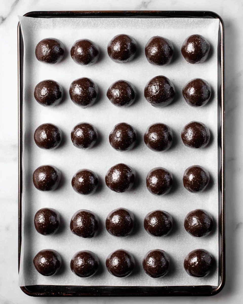 A baking tray lined with white parchment paper holds 30 dark brown, shiny dough balls arranged evenly in five rows of six. Each dough ball is smooth, round, and glossy, showing a slightly wet texture that reflects light. The tray sits on a white marbled surface, creating a clean and bright backdrop for the dark dough balls. photo taken with an iphone --ar 4:5 --v 7