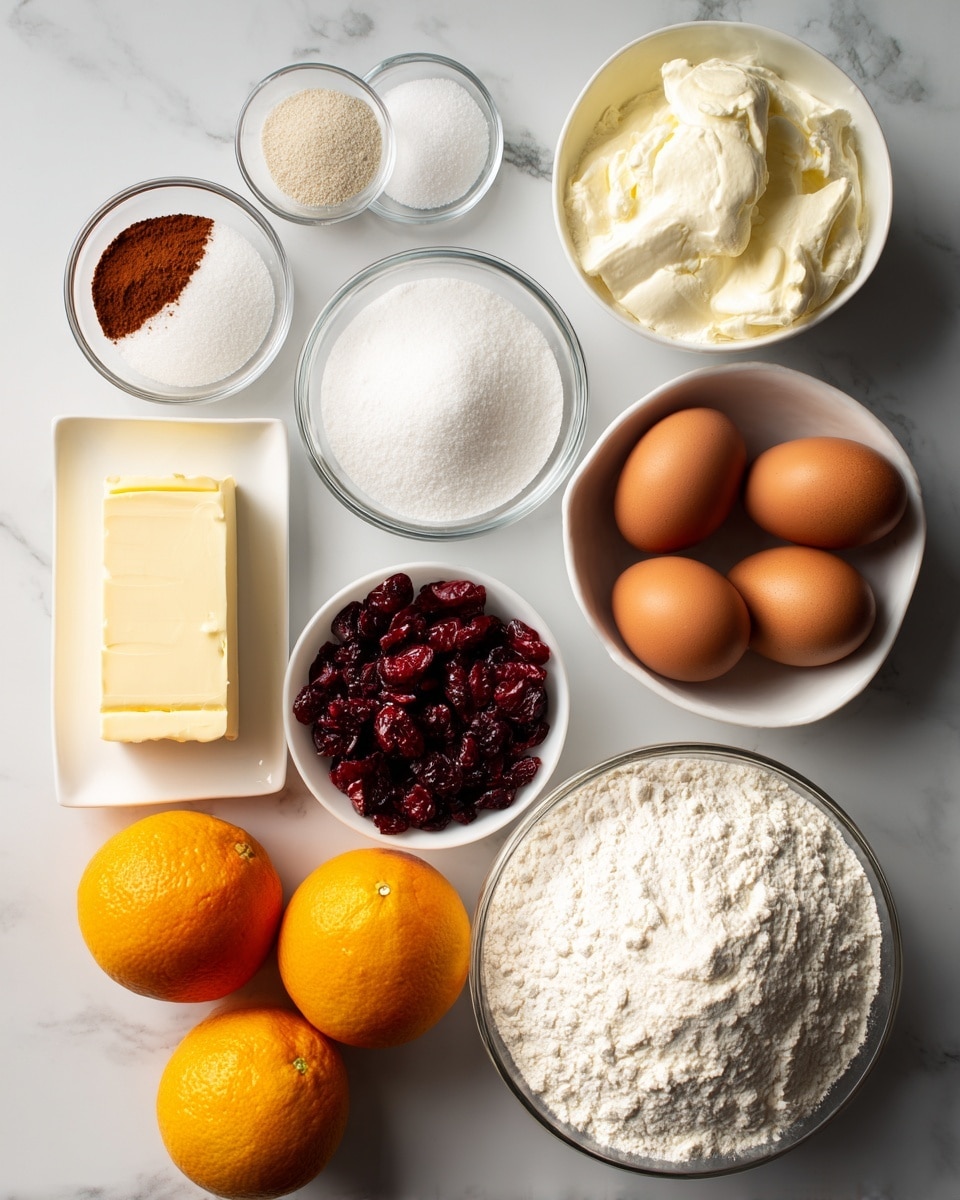 The image shows a white marbled surface with various baking ingredients neatly arranged. At the top are five small clear bowls containing baking powder, cinnamon, salt, and baking soda, each labeled accordingly. Below them, on the left, is a small white dish with a stick of butter, and nearby is a large clear bowl filled with white sugar. Next to the sugar bowl is a white bowl filled with dark red dried cranberries. To the right of the cranberries are four brown eggs placed on the marble surface. A small carton of heavy whipping cream with a yellow cap sits beside the eggs. On the far right, a large clear bowl holds white flour. At the bottom left, two whole bright orange oranges add a splash of color to the layout. The items are spaced out evenly, all clearly visible. photo taken with an iphone --ar 4:5 --v 7