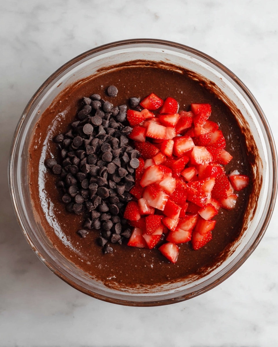 A clear glass bowl filled with smooth, dark brown chocolate batter. On top, there is a pile of small dark chocolate chips grouped on the left side and bright red diced strawberries on the right side. The bowl sits on a white marbled surface, and the chocolate batter shows a glossy texture around the edges. Photo taken with an iphone --ar 4:5 --v 7
