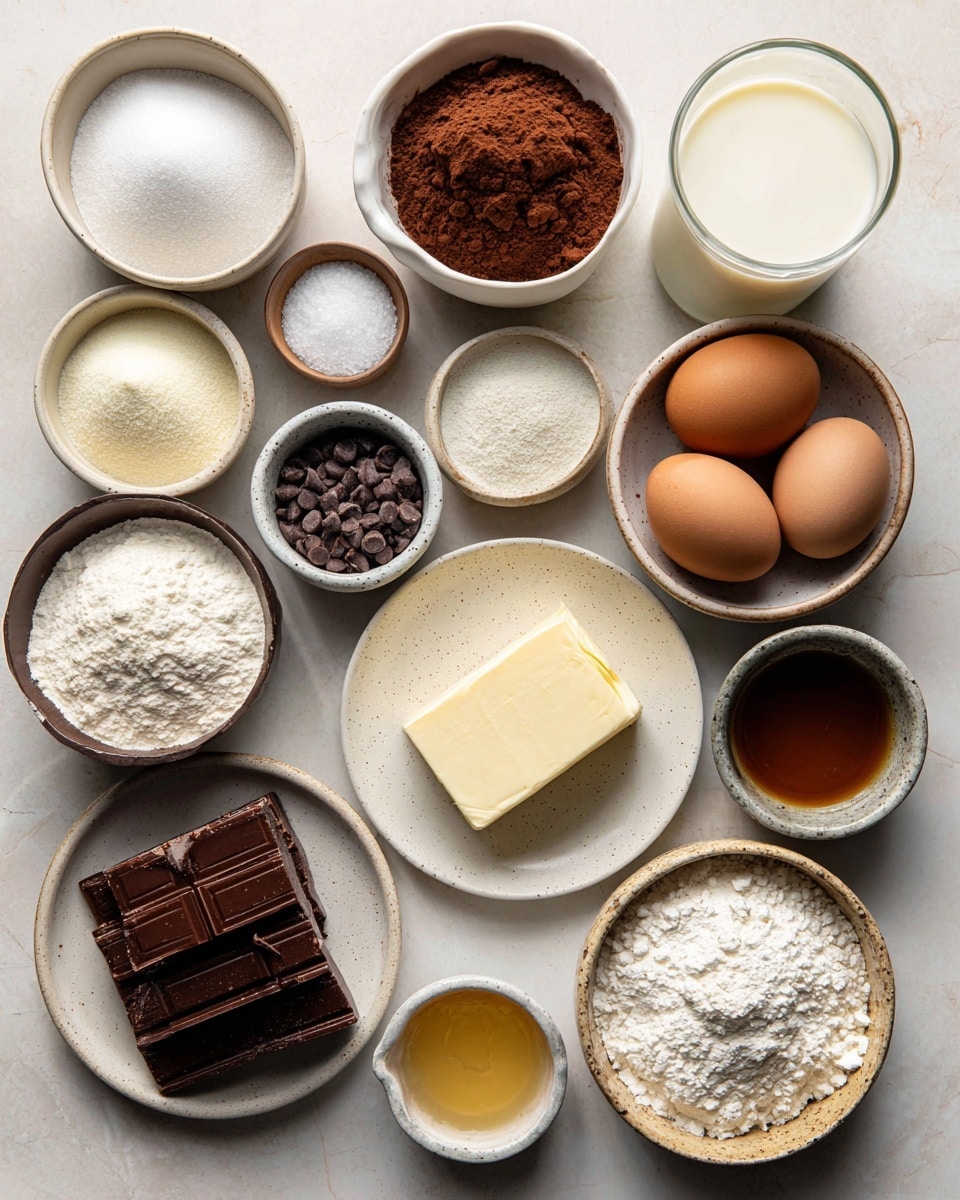 A flat lay image of various baking ingredients arranged neatly on a white marbled surface. There are thirteen small white and light beige bowls and plates holding ingredients like smooth white sugar, flour with a powdery texture, cocoa powder rich and dark, mini chocolate chips small and dark, smooth sour cream, soft butter in a light beige bowl, dark brown chocolate squares on a white plate, and golden-yellow oil. Three brown eggs sit together in a white bowl. Smaller bowls contain salt, white baking powder, and dark vanilla liquid. A clear glass holds creamy buttermilk. The lighting is soft and natural, highlighting the different textures and colors of the ingredients. Photo taken with an iphone --ar 4:5 --v 7
