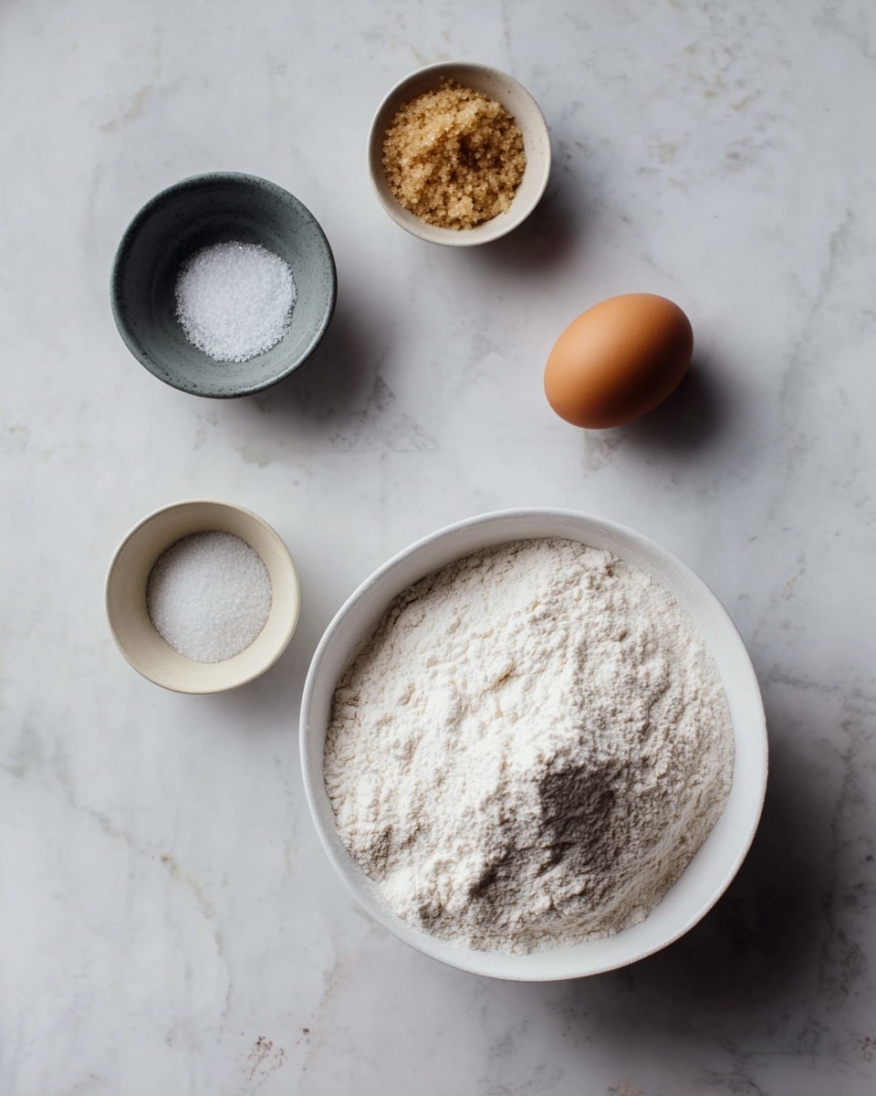A white bowl filled with a fine white powdery substance, likely flour, sits on the right side of a white marbled surface. Below it is a whole brown egg and a small white bowl with a light grey powder inside. Above the flour bowl, there are three small bowls in a loose triangular arrangement: a dark grey bowl with coarse white flakes, a white bowl with clumps of light brown sugar, and a beige bowl with fine light brown powder. There are no hands or utensils visible in the image. photo taken with an iphone --ar 4:5 --v 7