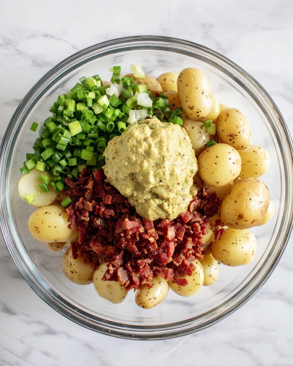 A clear glass bowl on a white marbled surface holds three main layers of ingredients. The bottom and largest layer consists of small, peeled, light tan baby potatoes, some whole and some halved. On the left side, chopped green onions add a fresh, bright green color. At the center top, a large dollop of thick, pale yellow mustard sauce with visible black pepper specks sits prominently. Below the mustard, a generous pile of finely crumbled cooked bacon in deep reddish brown tones rests on the potatoes. The overall look is a colorful mix of pale, green, and reddish layers ready to be mixed. photo taken with an iphone --ar 4:5 --v 7