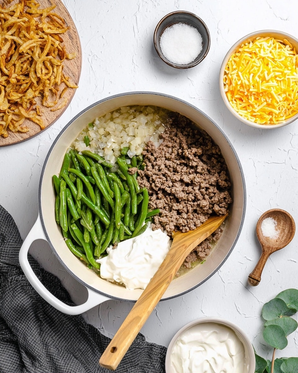 A white pot with two handles is filled with three layers: the bottom layer is a creamy white sauce, the middle layer consists of cooked ground beef mixed with chopped onions, and the top layer has green beans on one half and two dollops of white sour cream on the other half. A wooden spoon is placed inside the pot on the sour cream side. Around the pot, on a white marbled surface, there is a white bowl with two types of shredded cheese (yellow and white) on the top right, a small dark bowl with a white sauce above the pot, a small white bowl containing salt with a small wooden spoon next to it, and a white bowl on a round wooden board with golden fried onions on the left, accompanied by some green leaves. A dark gray cloth is partially visible at the bottom left. Photo taken with an iphone --ar 4:5 --v 7