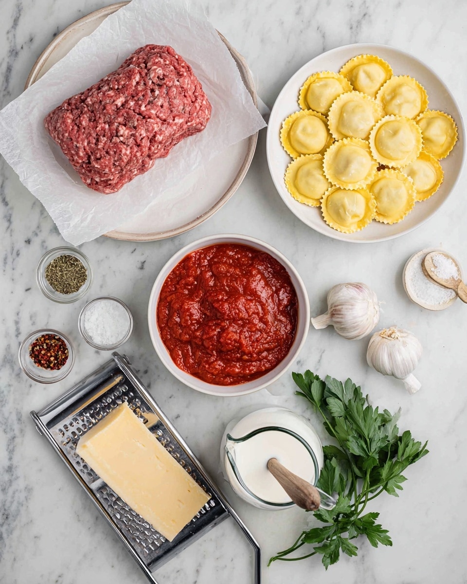 The image shows raw ingredients laid out on a white marbled surface, including a block of raw ground meat on parchment paper on a white plate in the top left, and a white bowl filled with uncooked round ravioli pasta with yellow edges on the top right. In the center, there is a white bowl with bright red tomato sauce with a textured surface. Around these, there are small dishes holding dried herbs and crushed red pepper flakes. Near the bottom, a metal grater holds a block of pale yellow cheese, next to a small glass pitcher of white cream and fresh green parsley leaves. There are also three garlic cloves scattered between the meat and sauce, and salt and pepper in white containers with a small wooden spoon in the pepper jar. Photo taken with an iphone --ar 4:5 --v 7