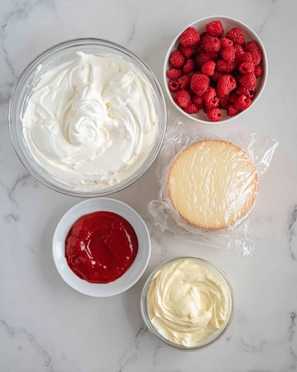 The image shows ingredients for a dessert arranged on a white marbled surface. At the top left is a large clear glass bowl filled with smooth, white whipped cream. Below it is a small white bowl filled with bright red raspberries. To the right of the raspberries is a round cake wrapped in clear plastic wrap, showing a light golden brown color. At the bottom left is a small white dish containing a thick red sauce or puree. Next to it on the right is a medium clear glass bowl filled with a creamy, pale yellow mixture with a smooth texture. photo taken with an iphone --ar 4:5 --v 7