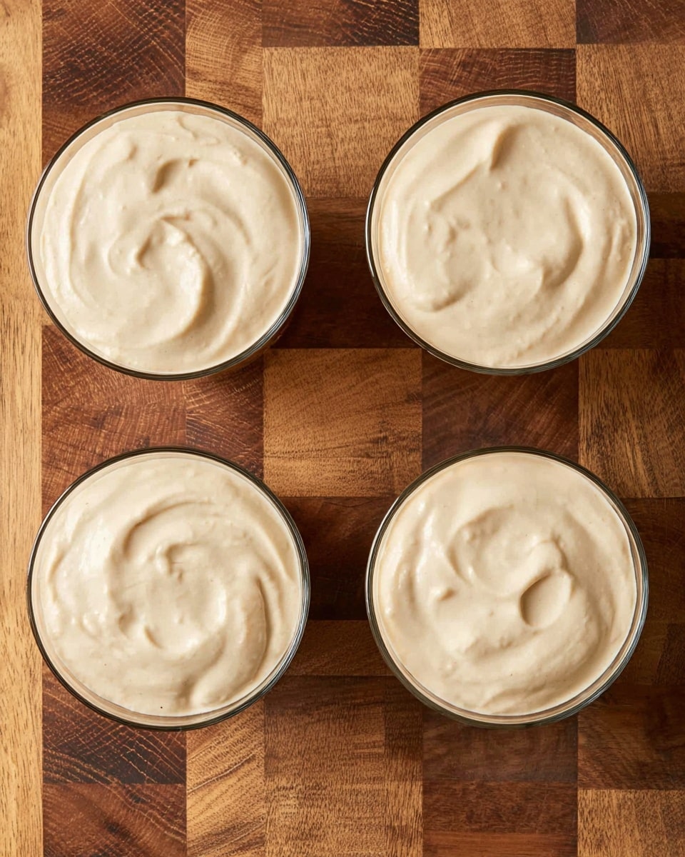 Four clear glass cups filled to the top with a smooth, creamy light beige dessert are seen from above, arranged in a square on a wooden surface with a checkered pattern made of small wooden blocks in different brown shades, showing wood grain textures. The dessert in each cup has slight swirls and peaks on the surface, giving it a soft, thick texture. photo taken with an iphone --ar 4:5 --v 7