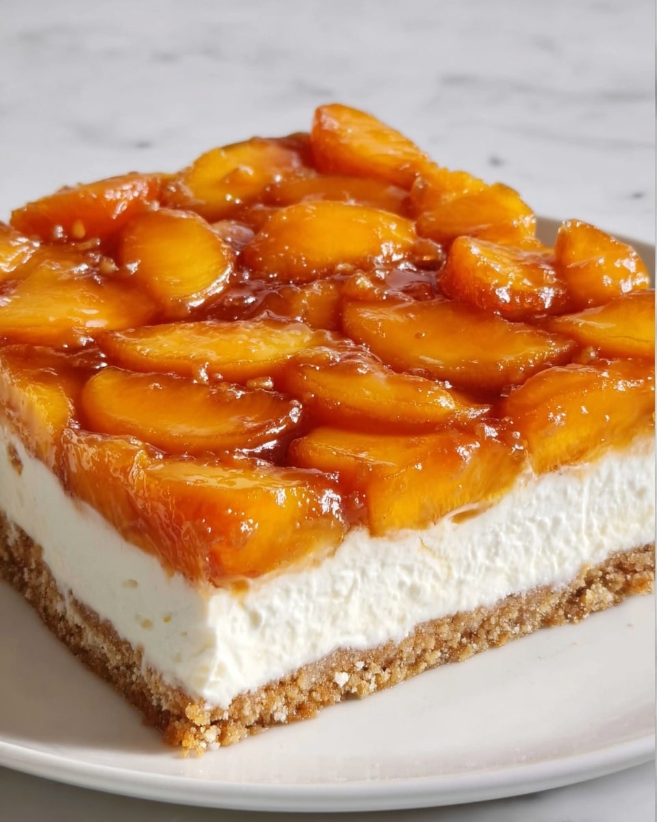 The image shows a square dessert with three clear layers. The bottom layer is a crumbly light brown crust, like crushed biscuits. The middle layer is a thick, smooth white cream that looks soft and dense. The top layer is made of orange peach slices, covered in a shiny, sticky glaze that makes the fruit look wet and glossy. The dessert is on a white plate, placed on a white marbled surface. Photo taken with an iphone --ar 4:5 --v 7