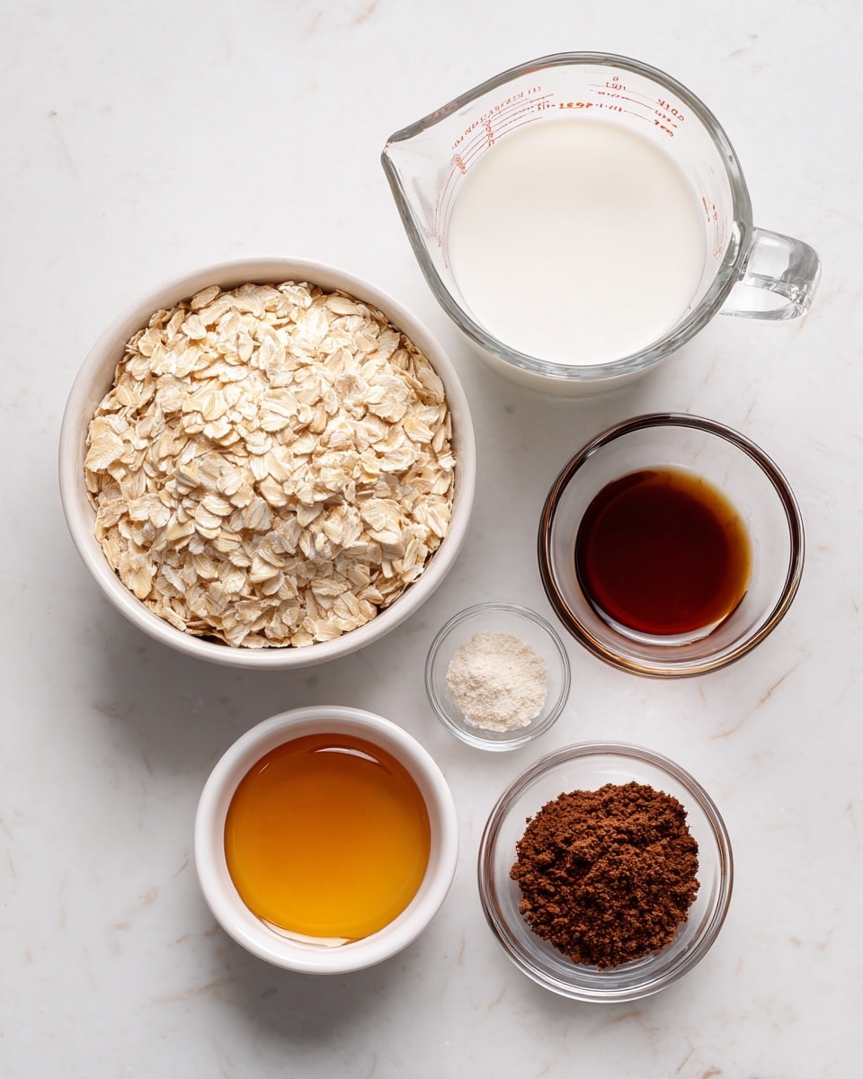 A top view of six ingredients placed on a white marbled surface. There is a white bowl filled with light beige rolled oats on the left. At the top is a clear glass measuring cup filled with white milk. Below it, a smaller clear glass measuring cup contains clear water. On the bottom right, there are two small clear glass bowls, one holding dark brown vanilla extract and the other filled with dark reddish-brown cinnamon and cocoa powder mixed. At the bottom left, a small white bowl is filled with golden brown maple syrup. The words labeling each ingredient appear next to their containers. Photo taken with an iphone --ar 4:5 --v 7