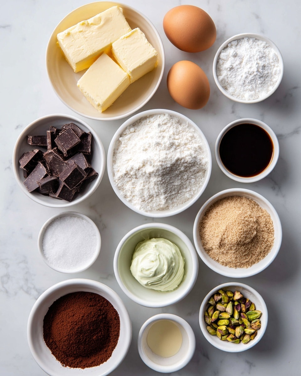 The image shows small white bowls arranged on a white marbled surface, each containing a different baking ingredient. There are large, smooth blocks of pale yellow butter in one bowl, two brown eggs in another, and a bowl with chop or small pieces of dark brown chocolate. Another bowl holds fine white flour with a smooth texture, while a separate bowl contains light brown, grainy brown sugar. A round bowl has dark reddish-brown cocoa powder with a soft texture. A small bowl has a thick pale green pistachio cream. Additional small bowls contain white sugar with a fine grain, fine white salt, a light tan vanilla liquid, and a small pile of dark brown espresso powder. Chopped green pistachios rest in another bowl, and a very small bowl holds white baking soda and powder mixture. The overall look is neat, with clean white bowls standing out against the smooth white marbled background. photo taken with an iphone --ar 4:5 --v 7