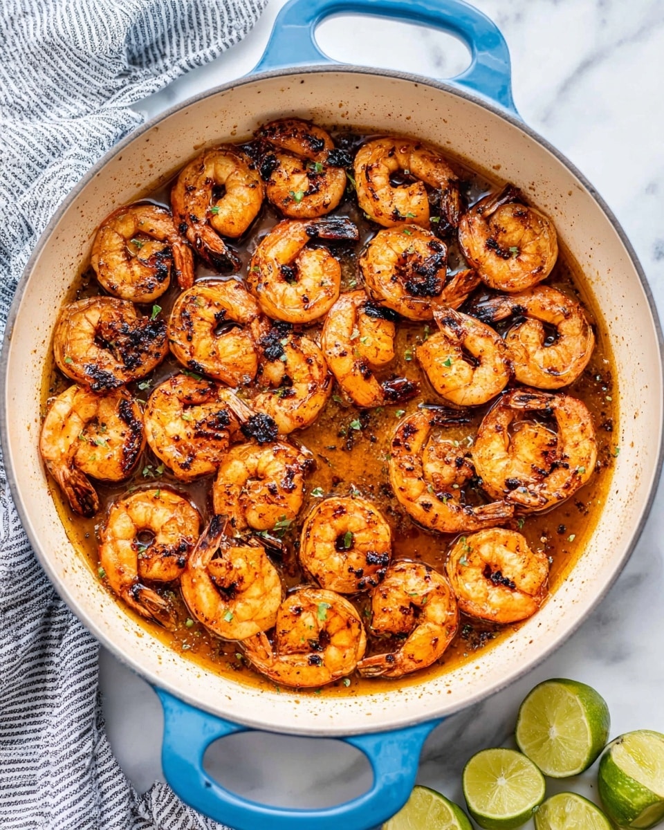 A round white pan with blue handles is full of cooked shrimp arranged closely together in one layer. The shrimp are orange with dark grill marks, giving them a slightly charred look, and they sit in a small pool of glistening brown oil or sauce. On the right side of the image, there are halved limes placed on a white marbled surface. A gray and white striped cloth is partly visible on the left side. The photo taken with an iphone --ar 4:5 --v 7
