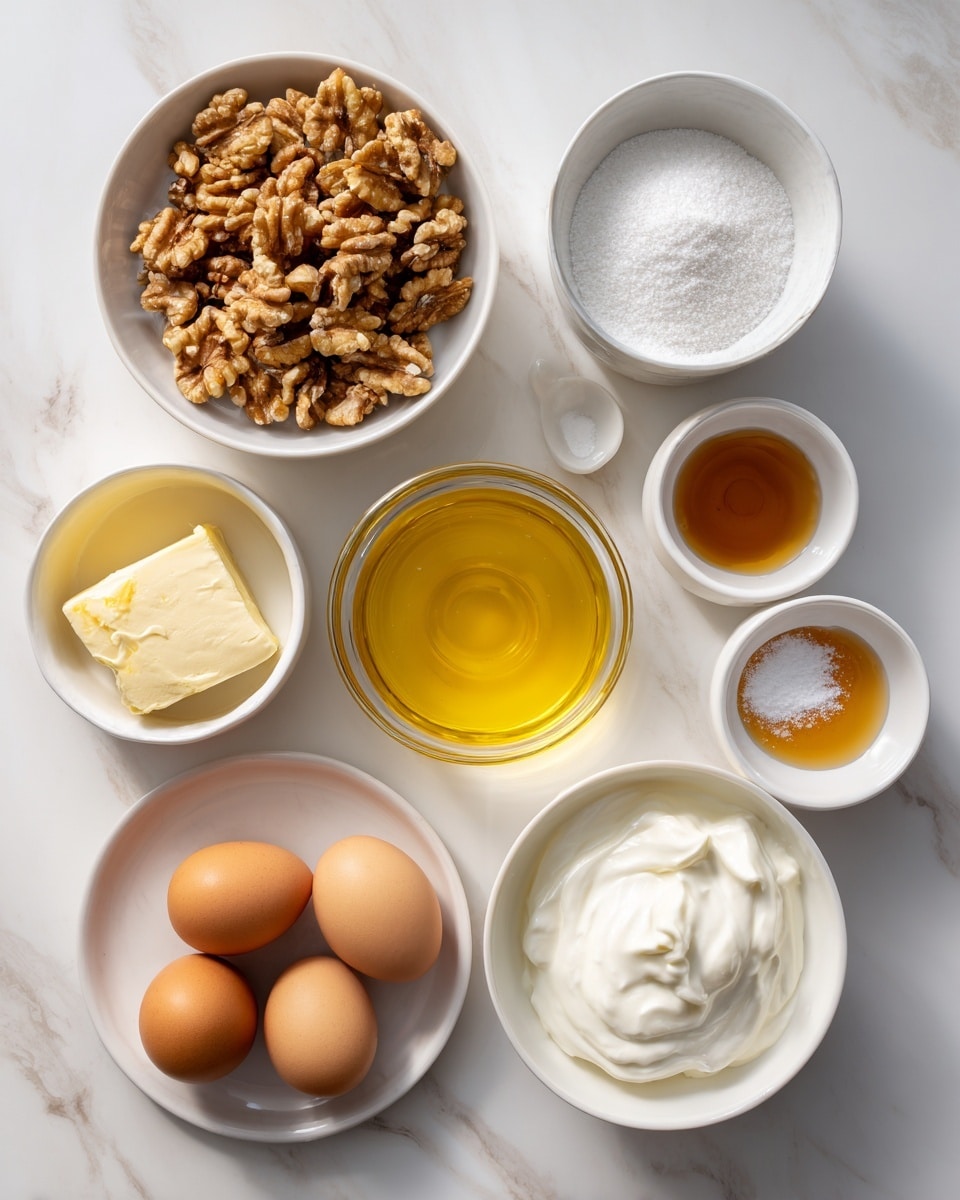 A white bowl filled with light brown walnuts is positioned in the upper left. To the right, a white bowl holds fine white caster sugar. Below the walnuts, a small white bowl contains white sea salt, and near the center, a clear glass bowl shows melted golden yellow unsalted butter. To the right of the butter, a small white bowl with light brown vanilla extract sits above another white bowl with white baking powder. Below the baking powder, a white bowl holds thick white heavy thickened whipping cream. On the left below the salt, a small white bowl contains amber honey. At the bottom left, a white plate holds four light brown eggs with smooth shells. All bowls and plate are set on a white marbled surface. photo taken with an iphone --ar 4:5 --v 7