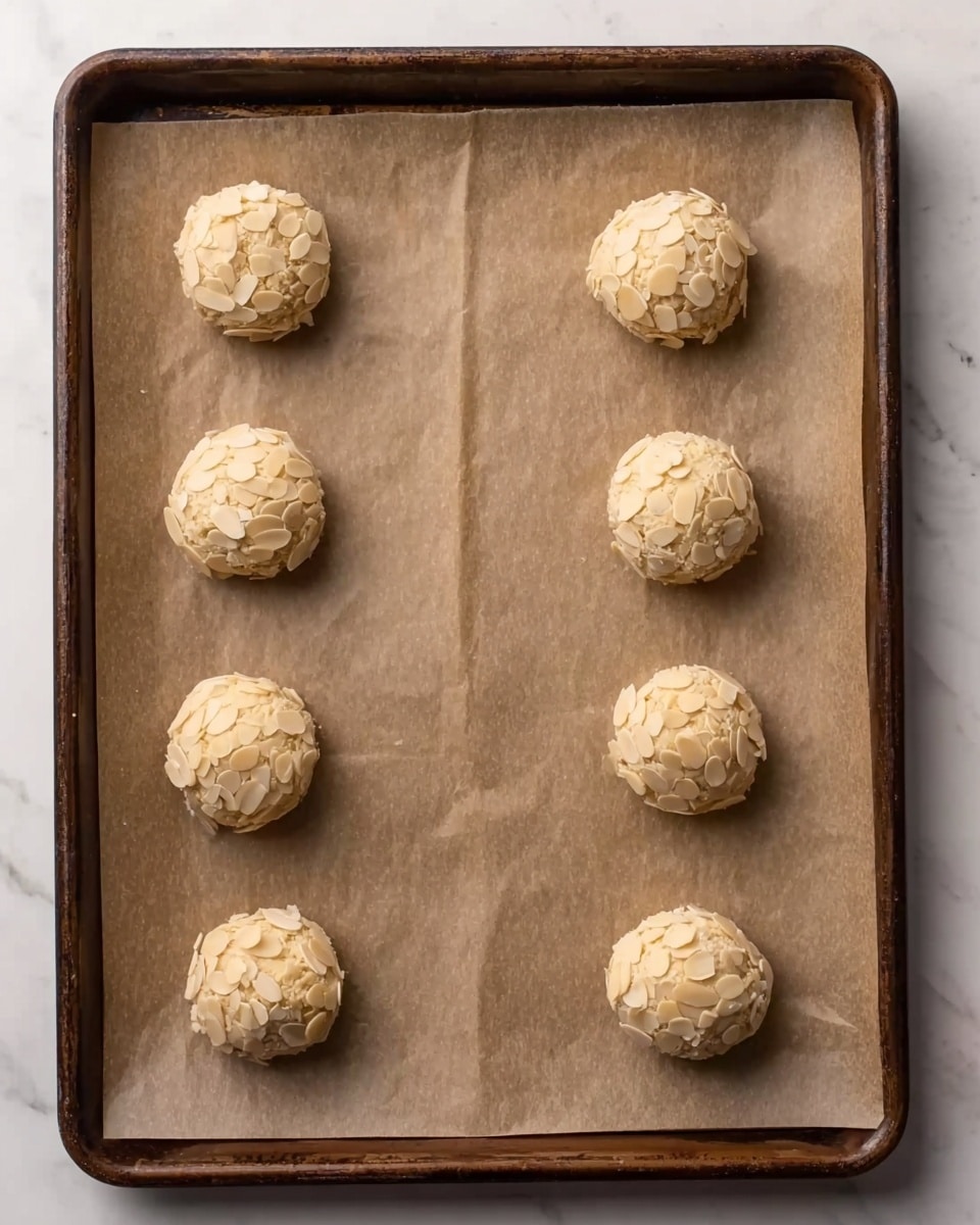 The image shows nine round dough balls spread out on a baking tray lined with brown parchment paper. Each dough ball is fully covered with thin, light beige almond slices, creating a rough texture on the surface. The baking tray edges are dark metal, and the whole scene is set on a white marbled surface. The dough balls are evenly spaced in rows of three. photo taken with an iphone --ar 4:5 --v 7