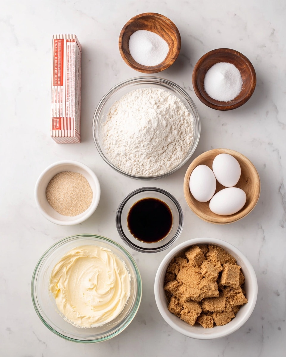 The image shows nine different ingredients arranged neatly on a white marbled surface. Starting from top left, there is a wrapped stick of butter with red and white packaging. To its right, small wooden bowl holds white powder, and below it, another wooden bowl contains a smaller amount of white powder. Next to it, a small white bowl holds dark liquid, likely vanilla extract. Below, a large clear bowl is filled with white flour piled up with a slight peak in the center. A smaller white bowl below the butter contains a creamy pale yellow mixture, possibly softened butter or cream cheese. To its right, a white bowl holds two white eggs. Below that, there are two bowls side by side: one filled with light brown sugar and the other with chopped or crushed graham crackers, both light brown and textured. In the middle, between these items, there is a small clear bowl filled with white granulated sugar. The ingredients are spaced out and clearly visible. photo taken with an iphone --ar 4:5 --v 7