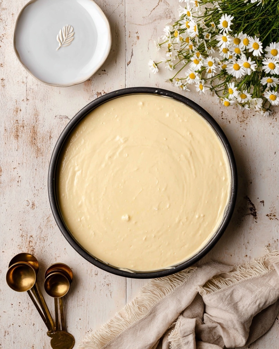 A round black pan filled with a smooth, creamy pale yellow batter, spread evenly on top. The pan sits on a white marbled surface with slight rustic wooden texture. To the upper left, there is an empty white plate with a small embossed leaf design in the middle. Beside the pan, on the bottom left, there are four brass measuring spoons resting on the surface. A light beige cloth with fringed edges is placed near the bottom right corner. In the upper right corner, a bunch of small white daisies with yellow centers and green stems lies flat on the surface. Photo taken with an iphone --ar 4:5 --v 7