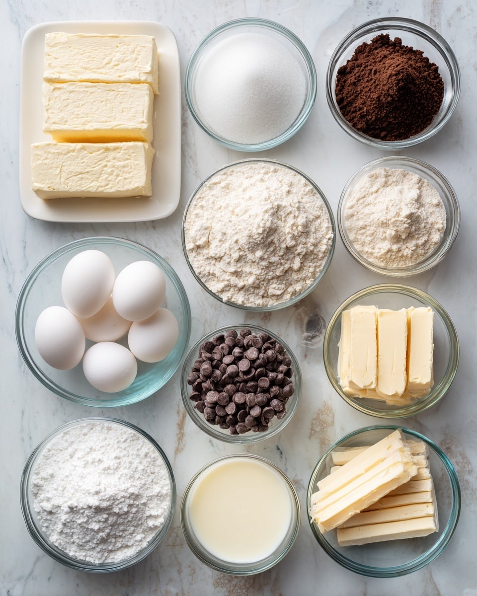 A top-down view of various baking ingredients arranged neatly on a white marbled surface, each in clear glass bowls or small glasses except for the cream cheese, which is on a white plate. There are two rectangular blocks of cream cheese with a smooth, creamy white texture on the plate positioned at the top left. To the right, piles of dark brown sugar with a grainy texture in a bowl, white all-purpose flour with a powdery look, and medium brown milk chocolate chips with a shiny finish in their own bowls form a row. Below these, there is a small glass with three white eggs showing smooth shells, a smaller bowl of powdered sugar with a fine white texture, and a creamy white sour cream in another bowl. On the lower left, granulated white sugar in a bowl and a small glass of light yellow heavy whipping cream are visible. Next to them, a small glass of sweetened condensed milk with a thick, golden yellow consistency, a tiny glass of dark vanilla extract, a clear small bowl of fine white salt, and four wrapped sticks of butter with pale yellow color complete the arrangement. Photo taken with an iphone --ar 4:5 --v 7