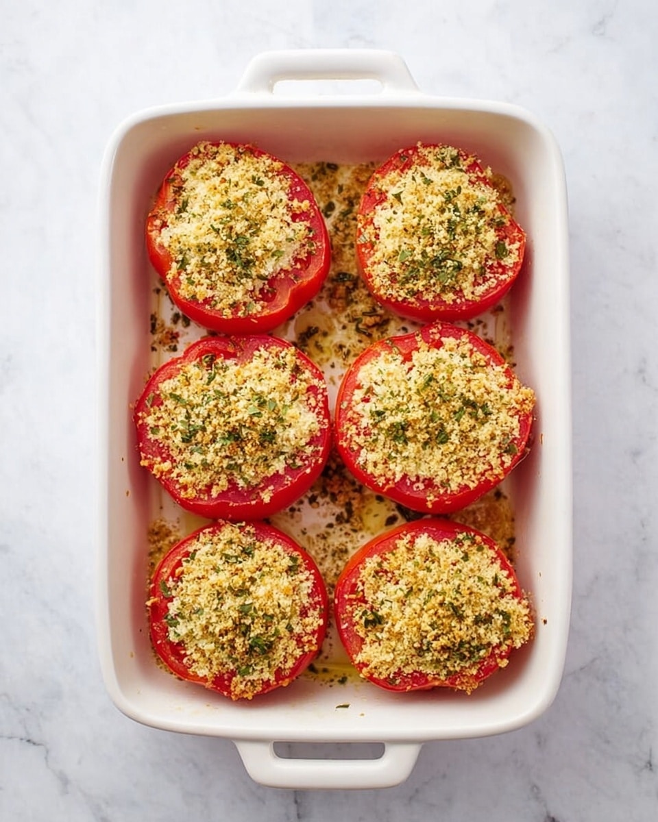 The image shows six halved red tomatoes placed cut side up in a white rectangular baking dish with two handles. Each tomato half is covered with a thick layer of light golden, crumbly topping mixed with small green herb pieces. The baking dish sits on a white marbled surface, and the view is from above, showing the even layering and the bright red and yellow contrast of the tomatoes and topping. Photo taken with an iphone --ar 4:5 --v 7