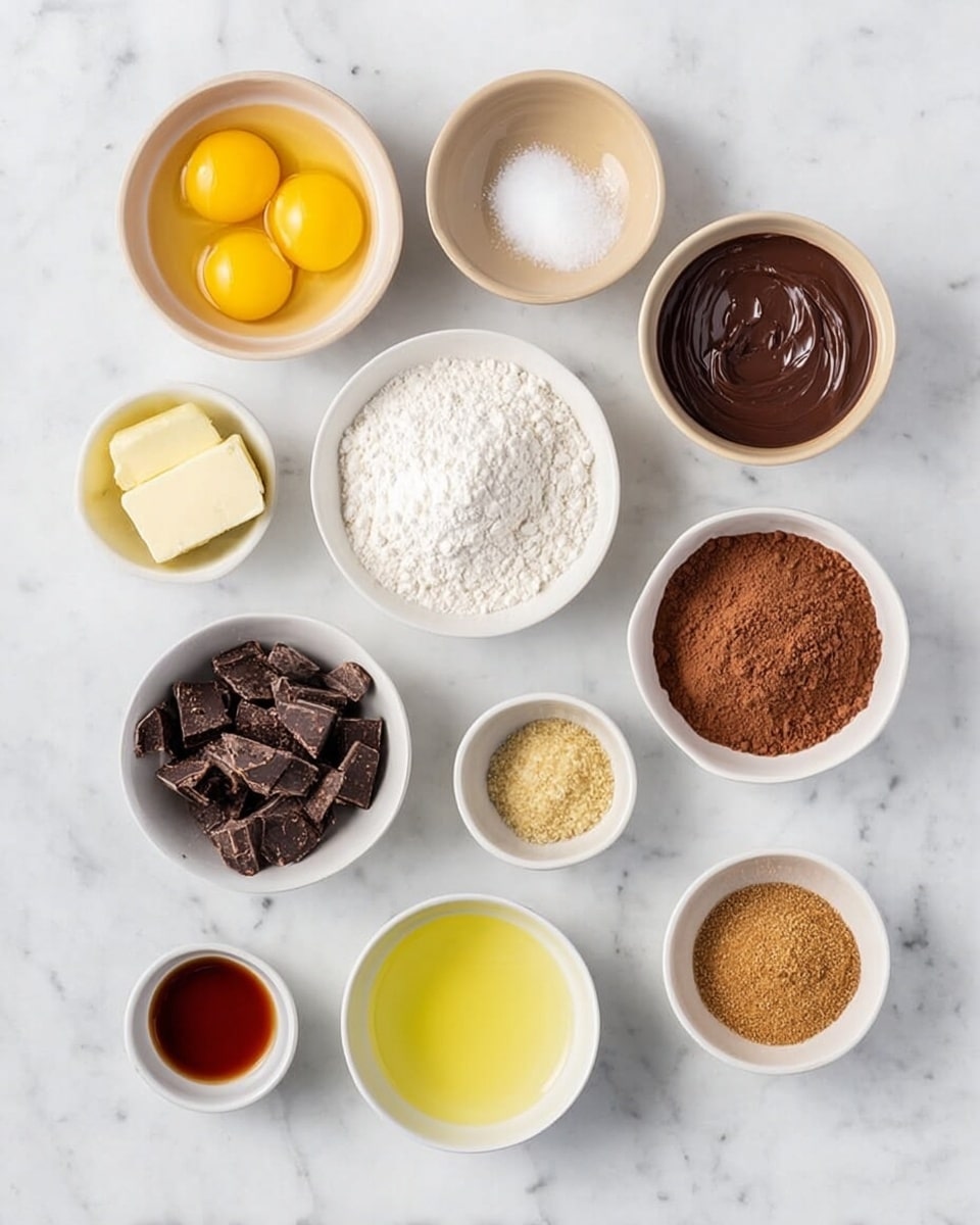 The image shows nine small white bowls arranged on a white marbled surface, each containing different ingredients for baking. Starting from the top left, there is a bowl with two bright yellow egg yolks, next to it a beige bowl containing white sugar and salt, and further right a bowl filled with smooth, melted dark chocolate. Below the yolks is a bowl full of white flour, and to its right a bowl with liquid yellow melted butter. Below the sugar bowl is a bowl with roughly chopped dark chocolate pieces. To the right of the flour bowl is a bowl of light yellow liquid, possibly lemon juice or oil. Below the butter bowl is a bowl filled with brown sugar, and next to it a bowl with light brown cocoa powder. At the bottom left corner, there is a small white bowl with dark amber liquid, likely vanilla extract. All the bowls are simple white ceramic against the clean white marbled surface. Photo taken with an iphone --ar 4:5 --v 7