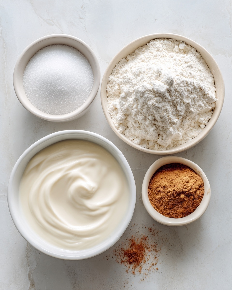 The image shows four white bowls with different baking ingredients placed on a white marbled surface. One large bowl in the front is filled with smooth, creamy coconut milk that has a light, glossy texture. Behind it, there is a slightly smaller bowl filled with fine white sugar that looks soft and powdery. To the right, a bowl holds a mound of white cornstarch that appears soft and fluffy with a powdery texture. Next to the cornstarch bowl is a small cup filled with brown cinnamon powder with a fine, dusty texture. Each ingredient is clearly separated in its own bowl, all arranged in a loose cluster. Photo taken with an iphone --ar 4:5 --v 7