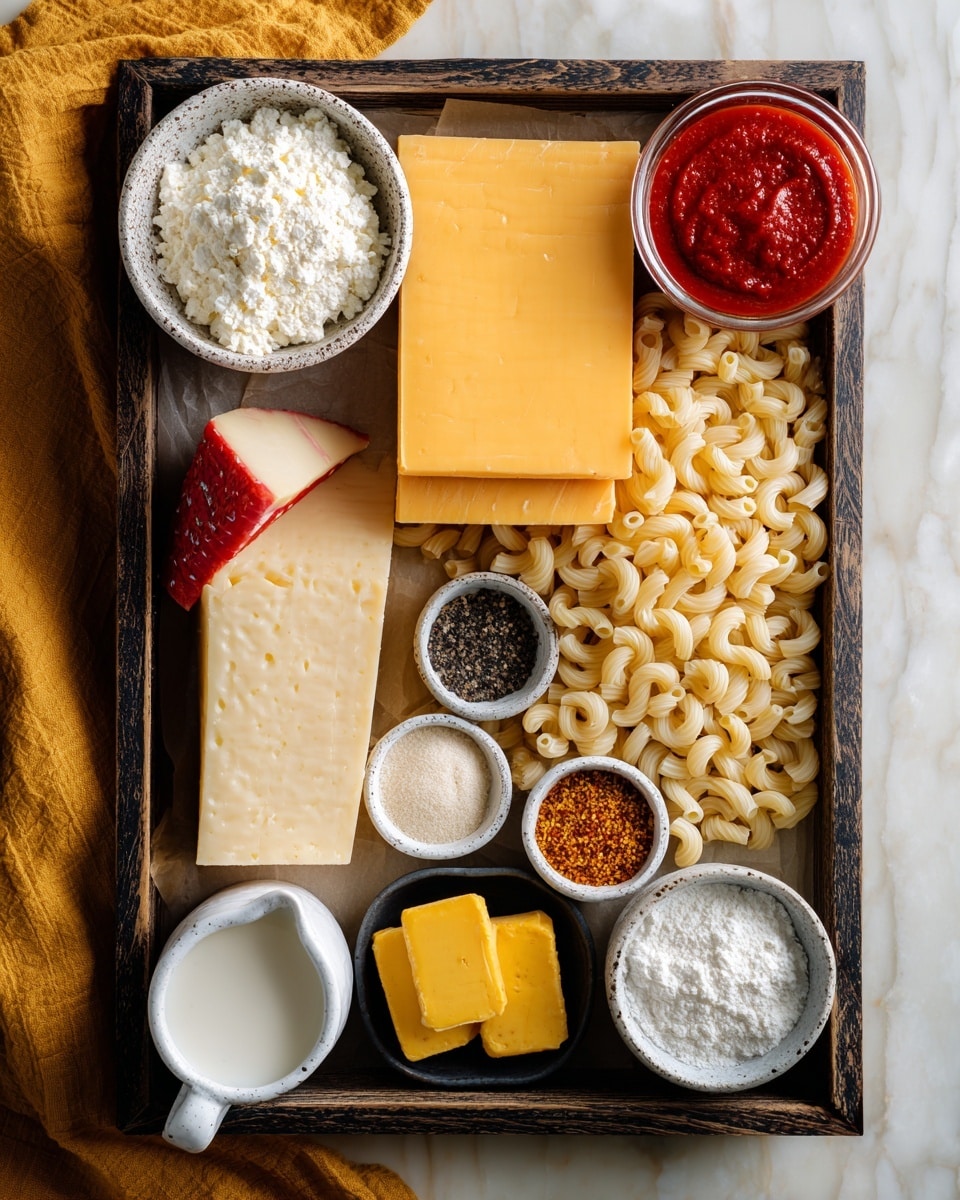 The image shows a white speckled bowl with a smooth block of white cream cheese in the top left corner, next to a small bowl of bright red hot sauce on the top right. In the center, there are three thick slices of pale yellow American cheese stacked on top of each other over a pile of uncooked elbow pasta scattered around the tray. Below the cream cheese, there is a block of pale yellow cheddar cheese, and next to it, a red wax-covered smoked gouda with a wedge cut to show the pale yellow inside. Near the bottom, a small dark bowl holds three square pieces of yellow butter. To the right of the pasta, a small white bowl contains separate piles of colorful spices in shades of red, black, white, and golden-yellow. A white measuring cup filled with creamy whole milk sits at the bottom left, while at the bottom right, a tilted can of evaporated milk rests on the pasta. Near the middle right, a small white bowl holds white flour. The entire setup is on a dark wooden tray over a white marbled surface, with a mustard yellow cloth peeked at the sides. Photo taken with an iphone --ar 4:5 --v 7