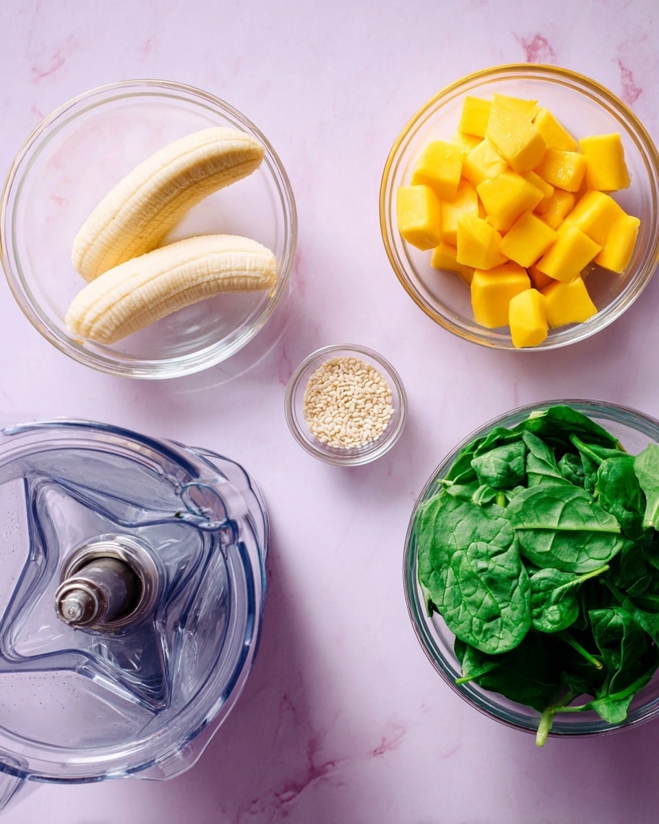 The image shows five main parts set on a white marbled surface: a clear bowl with two peeled bananas cut in half, a smaller clear bowl with small white seeds, another clear bowl filled with bright yellow frozen mango cubes, a larger clear bowl containing fresh green spinach leaves, and in the corner, the clear container of a blender showing sharp metal blades inside. The colors contrast well with the pale purple background. Photo taken with an iphone --ar 4:5 --v 7