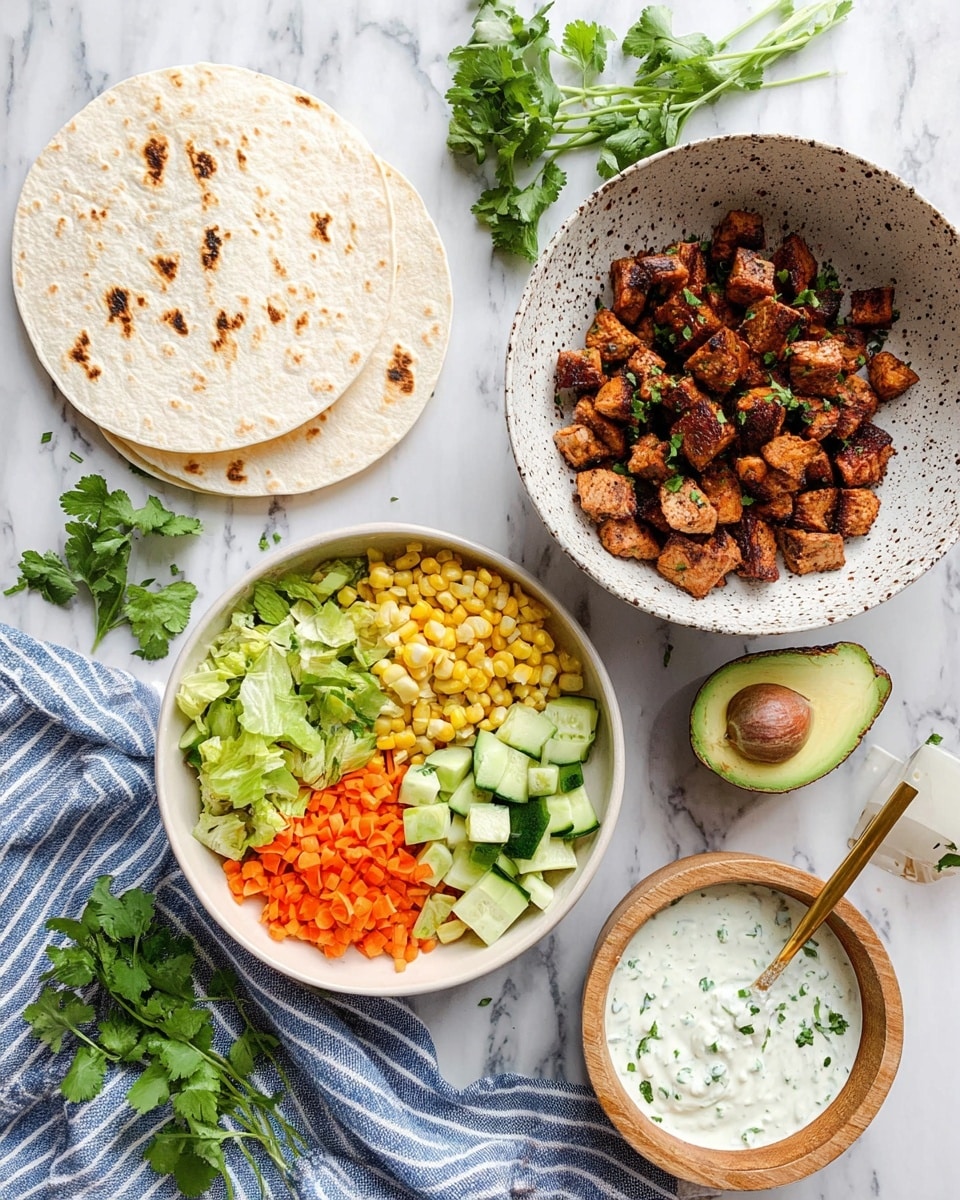 The image shows a meal setup on a white marbled surface with two white tortillas at the top left, showing light brown grill marks. Below is a white bowl divided into five sections: bright green chopped lettuce, orange thin carrot strips, pale green diced avocado, light green diced cucumber, and yellow grilled corn kernels with char marks. To the right, a large white speckled bowl holds small cubes of browned grilled meat with some darker char edges, accompanied by a gold spoon. Beneath the bowl is a blue and white striped cloth. There are two avocado halves nearby, one with a brown seed inside, and a small wooden bowl filled with white sauce garnished with green herbs and a gold spoon. Small sprigs of fresh green cilantro are placed around the arrangement. Photo taken with an iphone --ar 4:5 --v 7