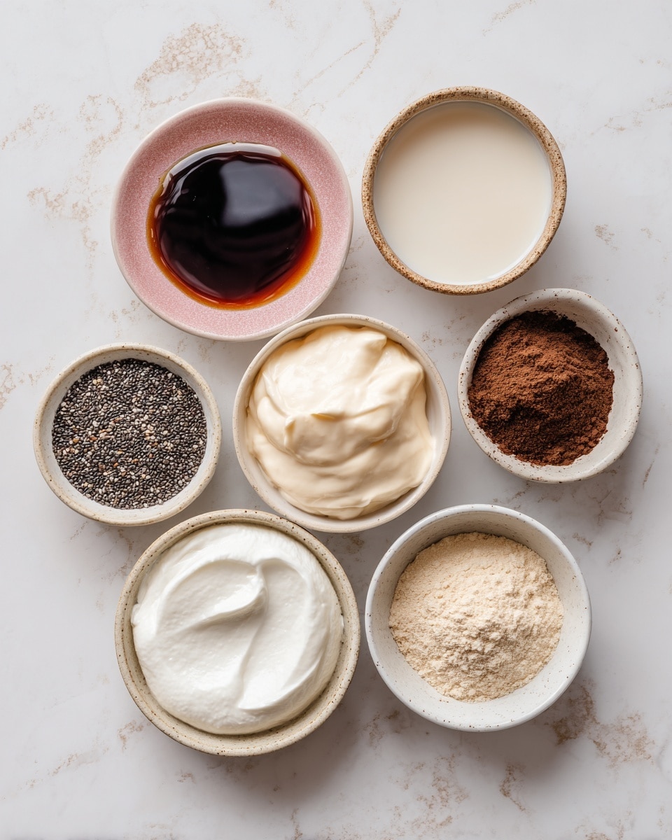 Seven small white bowls and one pink bowl are arranged on a white marbled surface. The bowls contain different ingredients: dark brown vanilla extract in the pink bowl at the top center, creamy white milk in a white bowl to the right, dark brown instant coffee in the bottom right pink bowl, fine light beige protein powder in a white bowl at the bottom center, thick white Greek yogurt in a white bowl at the bottom left, dark brown maple syrup in a white bowl on the left, and tiny black and white chia seeds filling the center white bowl. Each bowl is clearly labeled. photo taken with an iphone --ar 4:5 --v 7
