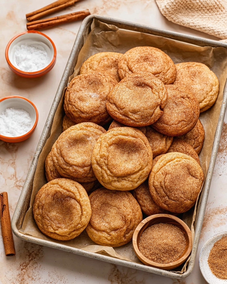 A group of about thirteen round, golden brown cookies with a soft, cracked texture are stacked closely inside a rectangular baking tray lined with parchment paper, all placed on a white marbled surface. Near the top right corner of the tray, a small wooden bowl filled with light brown cinnamon sugar rests among the cookies. Above the tray, on the marble surface, there are two small white bowls with orange rims; one contains cinnamon powder and the other coarse white salt. Three cinnamon sticks lie in the upper left corner. The scene is bright and warm, capturing the rustic homemade feel of the cookies. Photo taken with an iphone --ar 4:5 --v 7