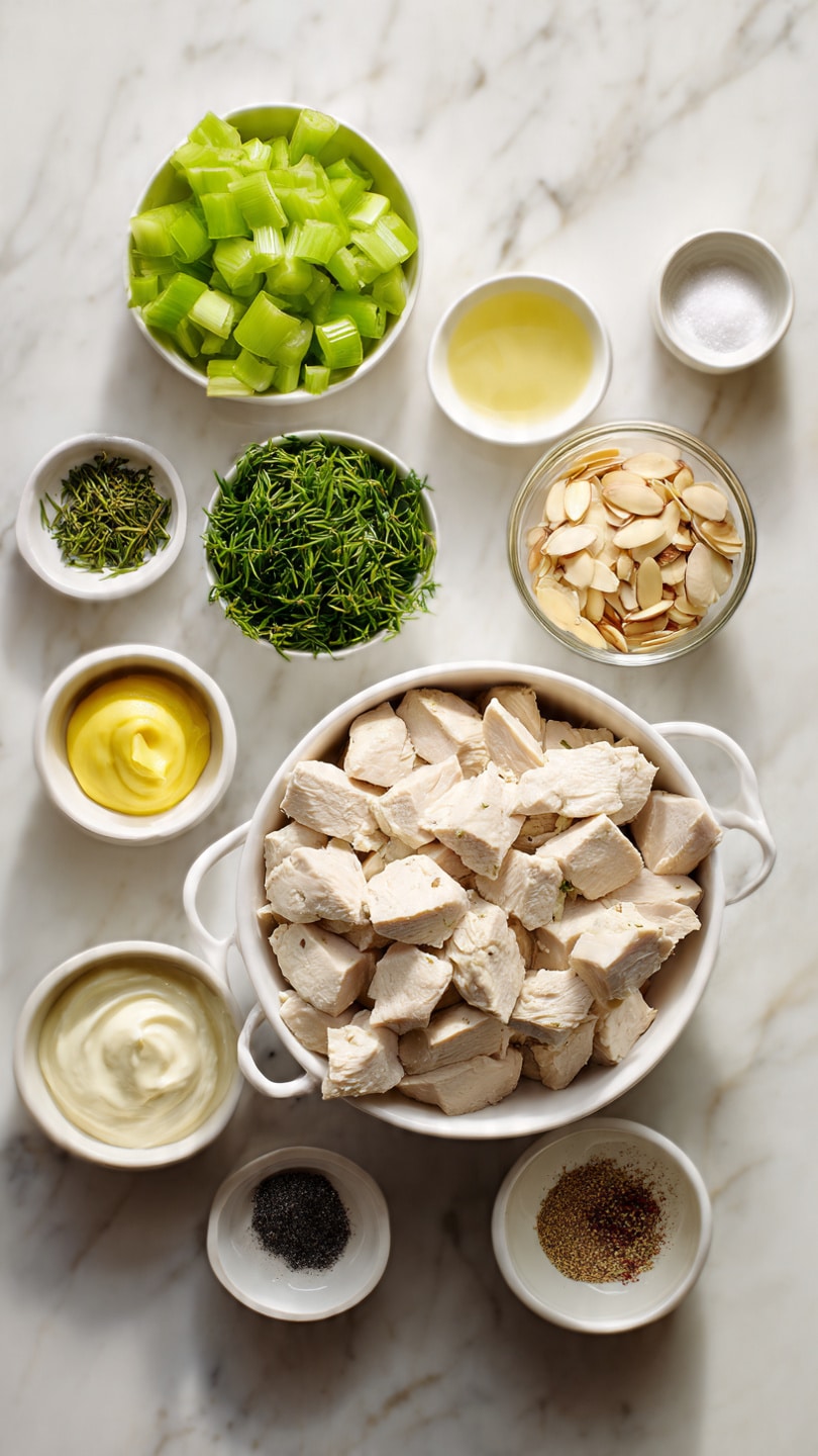 The dish is a creamy salad served in a round white bowl, filled with a chunky mixture that has a pale beige color mixed with small green pieces and topped with thin almond slices and green herbs. Two slices of bread with a golden crust sit behind the bowl on a white marbled surface. To the right, there is a bowl with fresh green lettuce leaves, and a light brown napkin with embroidery is placed at the bottom left corner. The photo taken with an iphone --ar 4:5 --v 7