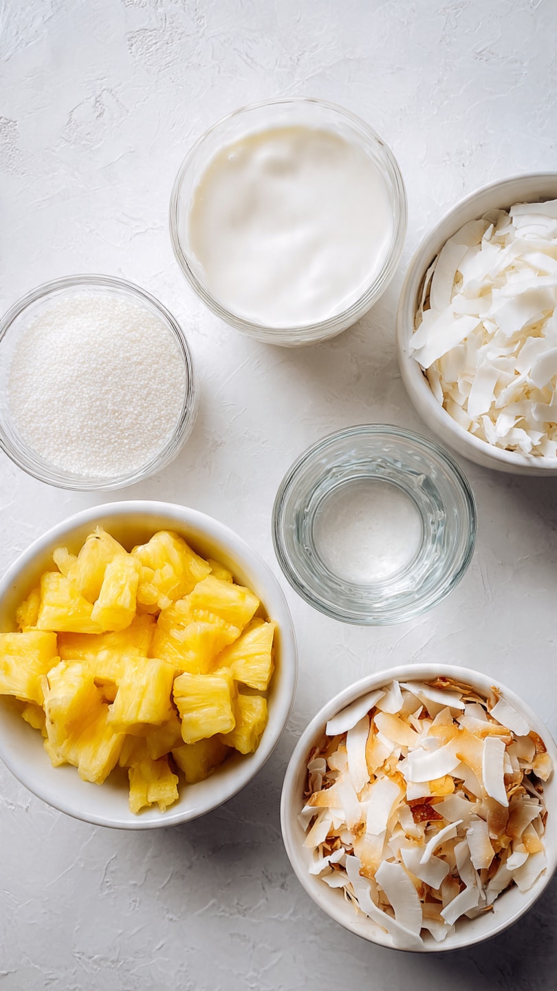 The image shows five small white bowls placed on a white marbled textured surface. The top bowl contains a smooth white liquid. Below it, a bowl is filled with bright yellow diced fruit pieces. To the right of the fruit bowl, there is a small clear glass with a transparent liquid. On the left side, there are two bowls, one with fine white granulated substance, and the other with a creamy white texture. At the bottom right, there is a white bowl with toasted shredded flakes, showing a mix of light brown and white colors. Photo taken with an iphone --ar 4:5 --v 7