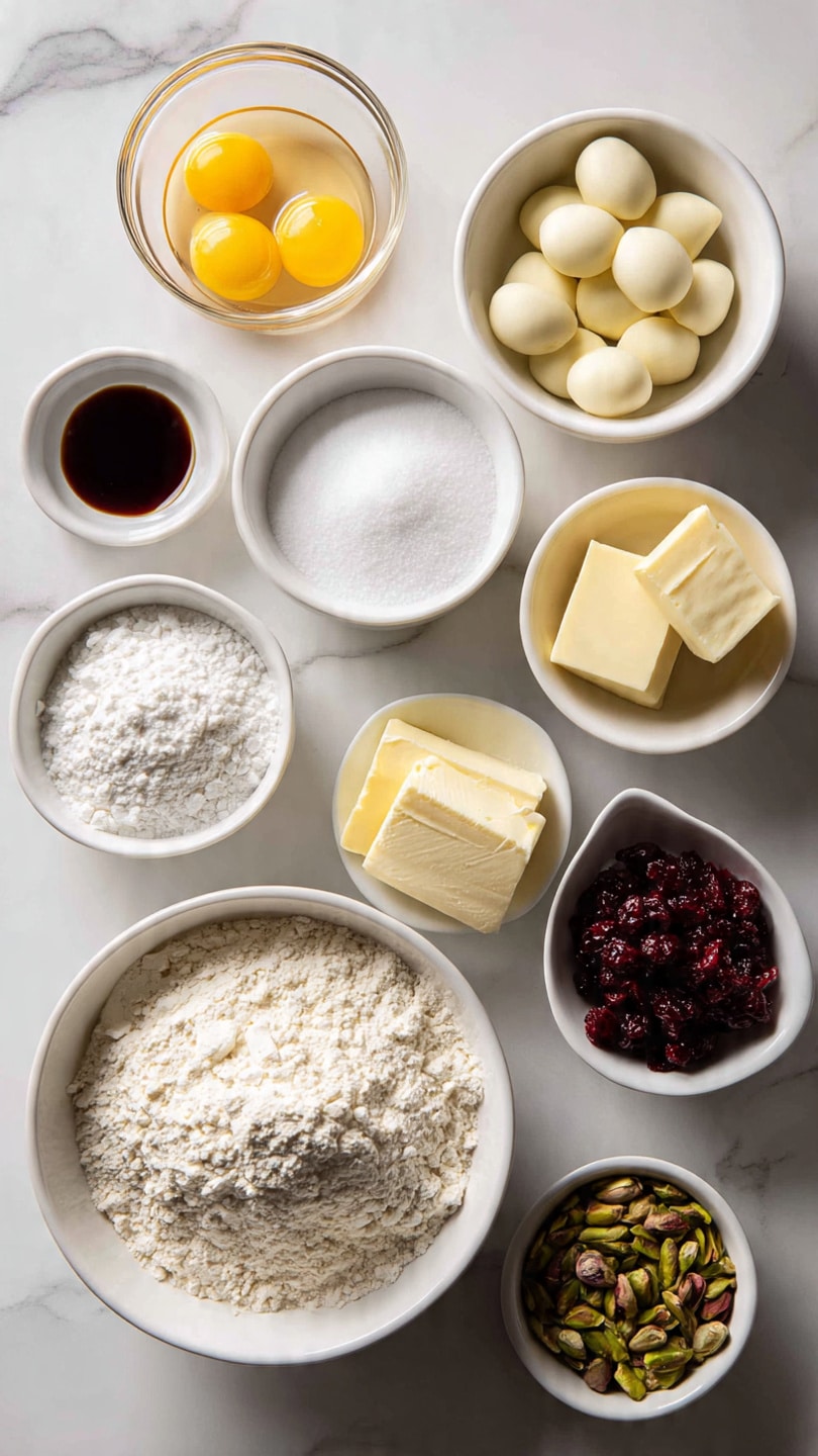 The image shows various baking ingredients placed on a white marbled surface. At the top left, there is a small white bowl with salt, next to a clear bowl holding two raw eggs with yellow yolks. On the top right, a white bowl is filled with round, creamy white chocolate pieces. Below the eggs and salt, there is a white bowl with white granulated sugar. To the right of the sugar, a small white bowl contains light yellow unsalted butter pieces. Next to the butter, a small white bowl holds white baking powder. Below the sugar bowl is a large white bowl filled with all-purpose flour. To the right of this flour bowl, a small white bowl is filled with dark red dried cranberries. At the bottom right, a white bowl contains light green pistachios. Finally, a small white bowl of dark brown vanilla extract is placed below the flour bowl. All ingredients are arranged neatly and labeled with simple black text. photo taken with an iphone --ar 4:5 --v 7