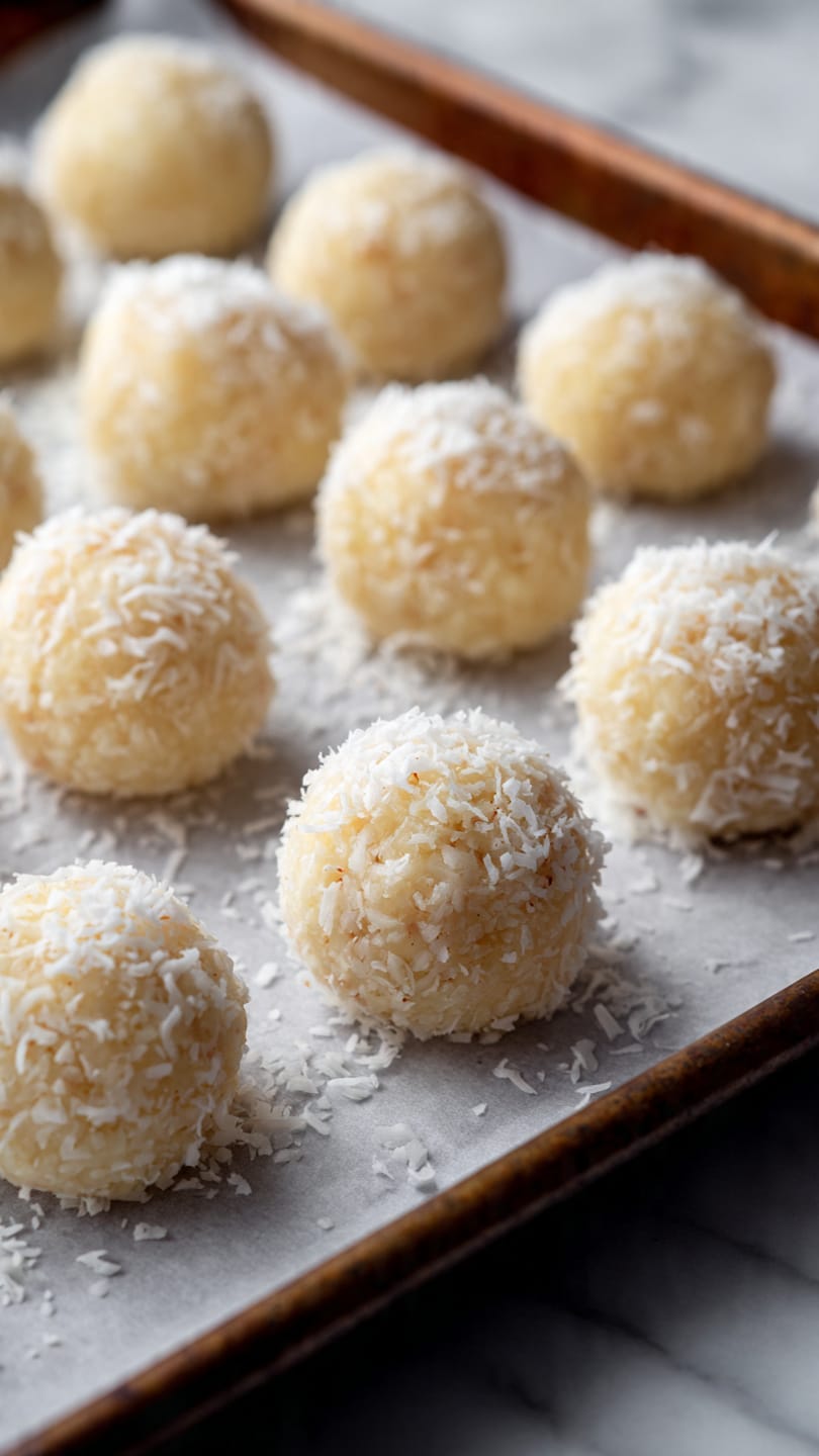 The image shows several round, pale-colored balls covered with small white flakes, arranged closely in rows on a baking tray lined with parchment paper. The balls have a soft texture and a slightly rough surface due to the flakes. The baking tray is set on a white marbled surface, giving a clean and bright background to the image. photo taken with an iphone --ar 4:5 --v 7