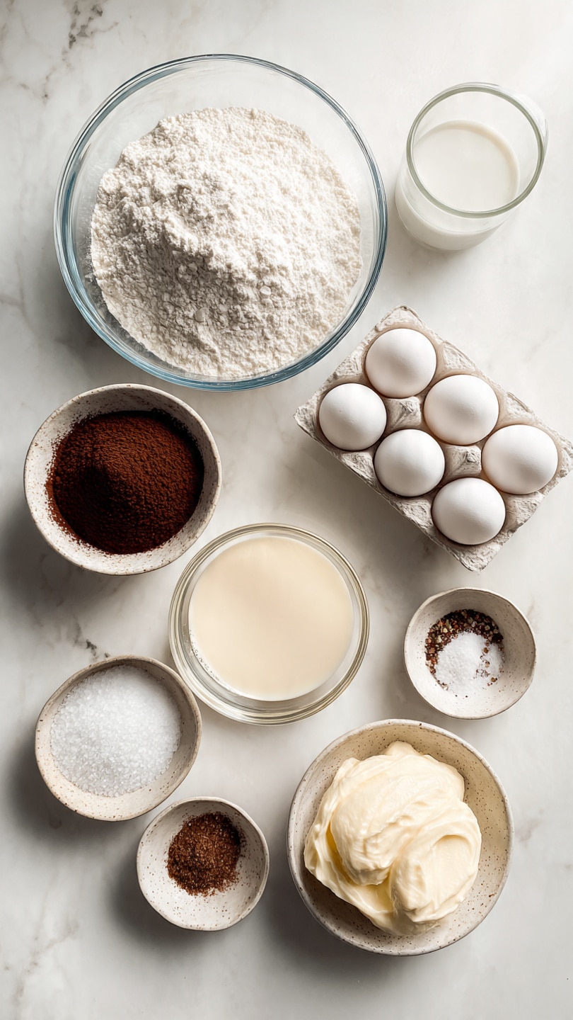 A clear glass bowl filled with white flour is placed near the top center, with six white eggs in a white egg carton to the right and a small glass of white liquid above it. Below the flour bowl is a round transparent glass with a pale beige liquid. To the left and bottom of this glass are two smaller bowls, one containing dark brown cocoa powder and the other containing white granulated sugar. Near the bottom right is another glass bowl with light cream-colored butter or cream. Around these main bowls are smaller ceramic dishes holding various ingredients like salt and spices in white and brown tones. All the items rest on a white marbled surface, arranged neatly and spaced out evenly, photo taken with an iphone --ar 4:5 --v 7
