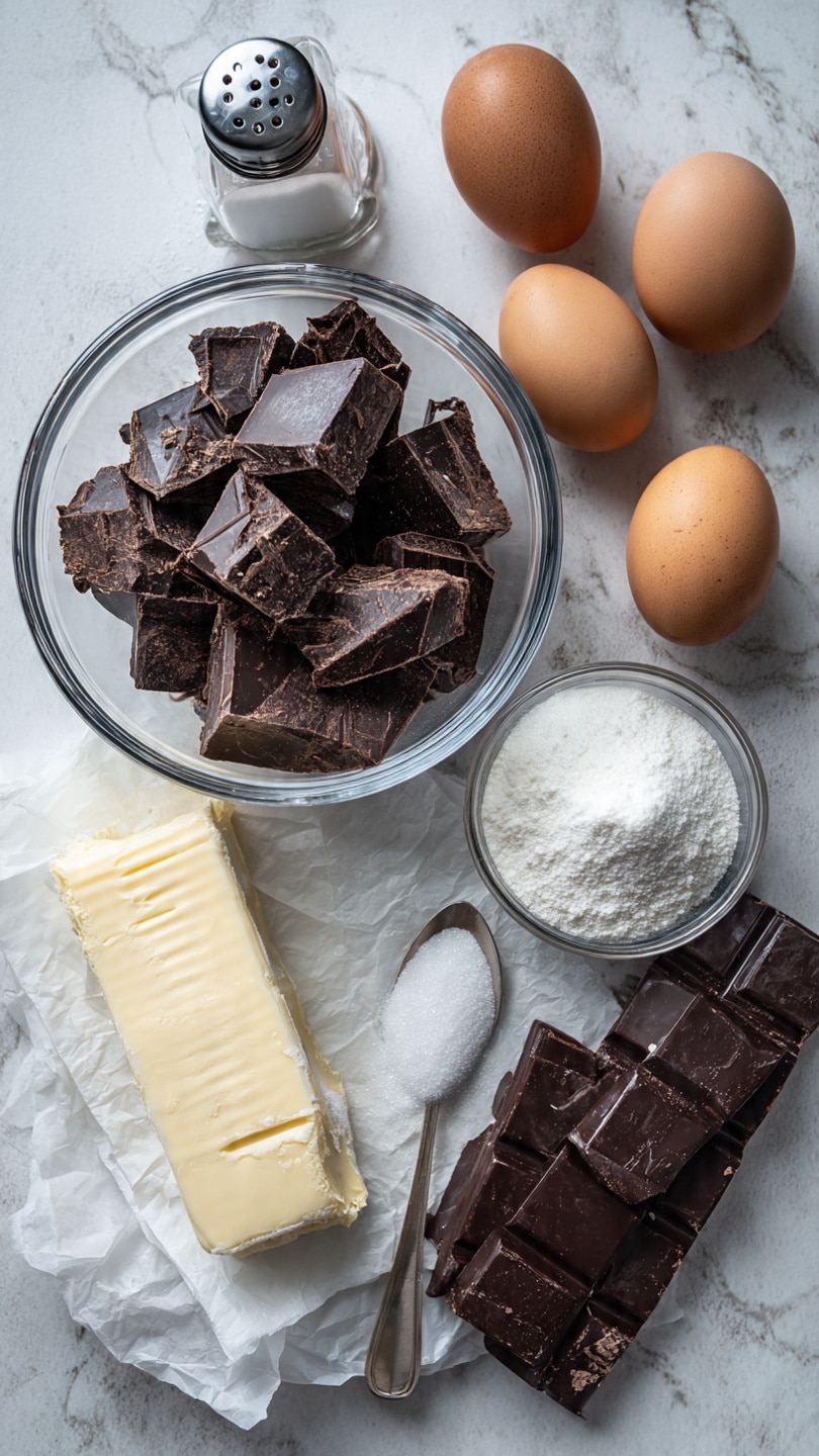 A clear glass bowl filled with large, dark chocolate chunks sits in the center on a white marbled surface; around the bowl are four brown eggs, a metal teaspoon filled with white sugar, a wrapped white stick of butter with measurement marks, a salt shaker with a metal top, and a partially unwrapped dark chocolate bar on white paper. The image is bright and well-lit, showing the textures of the chocolate pieces and the smoothness of the eggshells clearly photo taken with an iphone --ar 4:5 --v 7