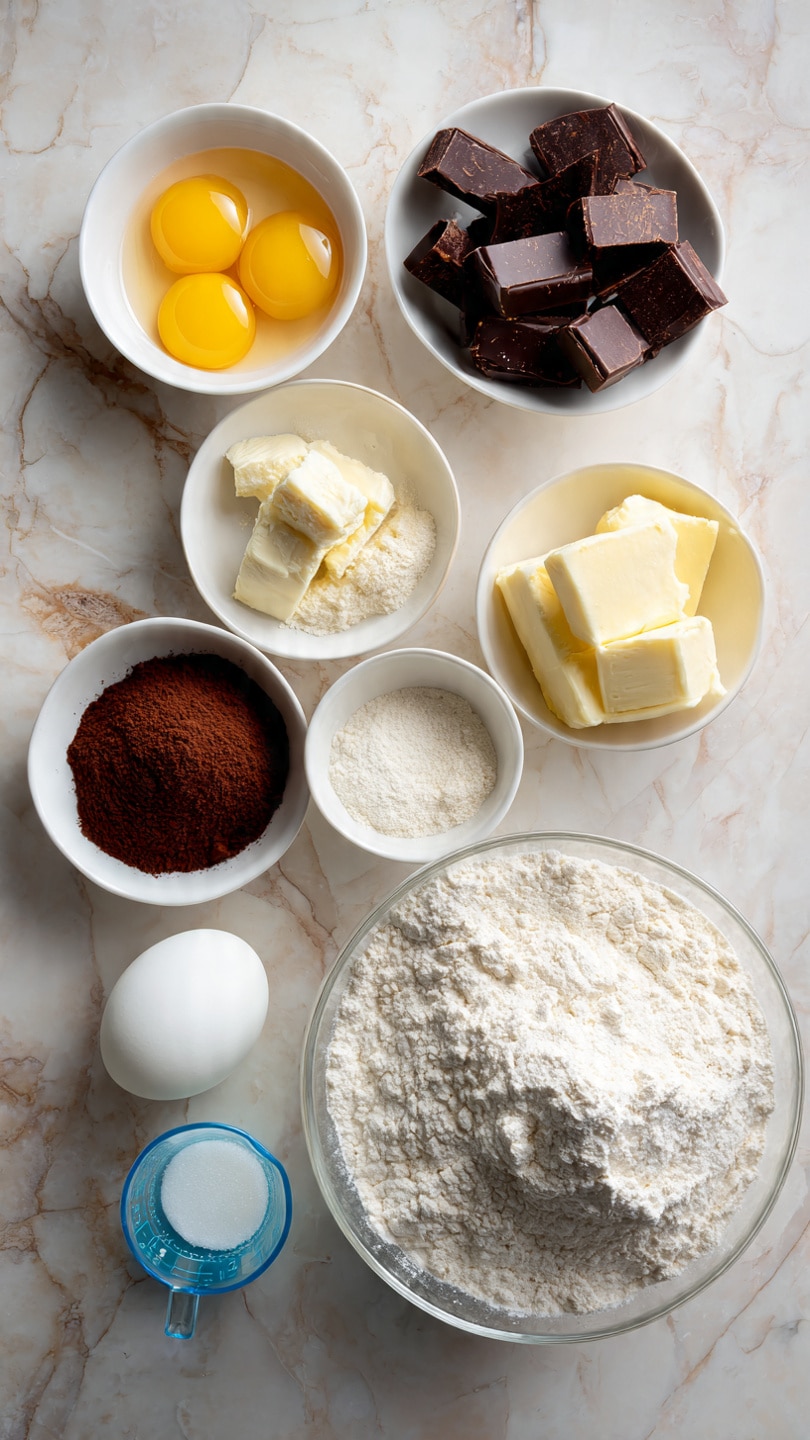 The image shows a white marbled surface with several white bowls and containers arranged to display baking ingredients. On the left side, there are five small white bowls holding yellow butter pieces, two cracked eggs with yolks visible, brown sugar mixed with white sugar, cocoa powder with flour, and dark chocolate chunks. On the right side, there is a large clear bowl filled with flour placed over the white marbled surface. Around this bowl are smaller white bowls containing butter pieces, an egg, sugar, and a light-colored powder, along with a glass measuring cup with milk and a blue measuring cup with yeast. photo taken with an iphone --ar 4:5 --v 7
